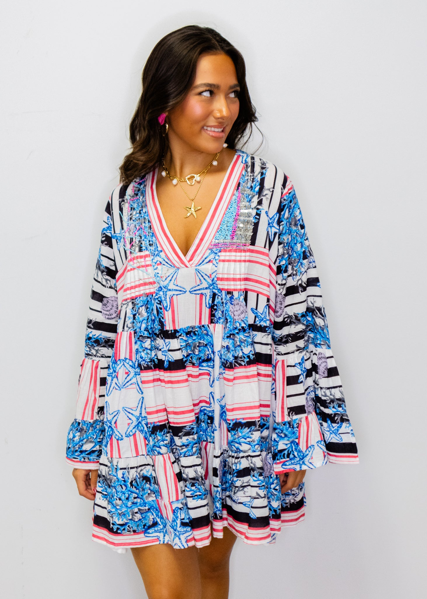 Blue Multi Beaded V-Neck Dress