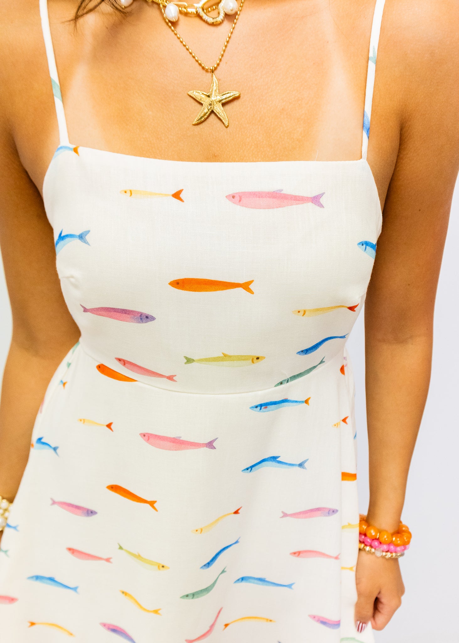 Cream Fish Print Midi Dress