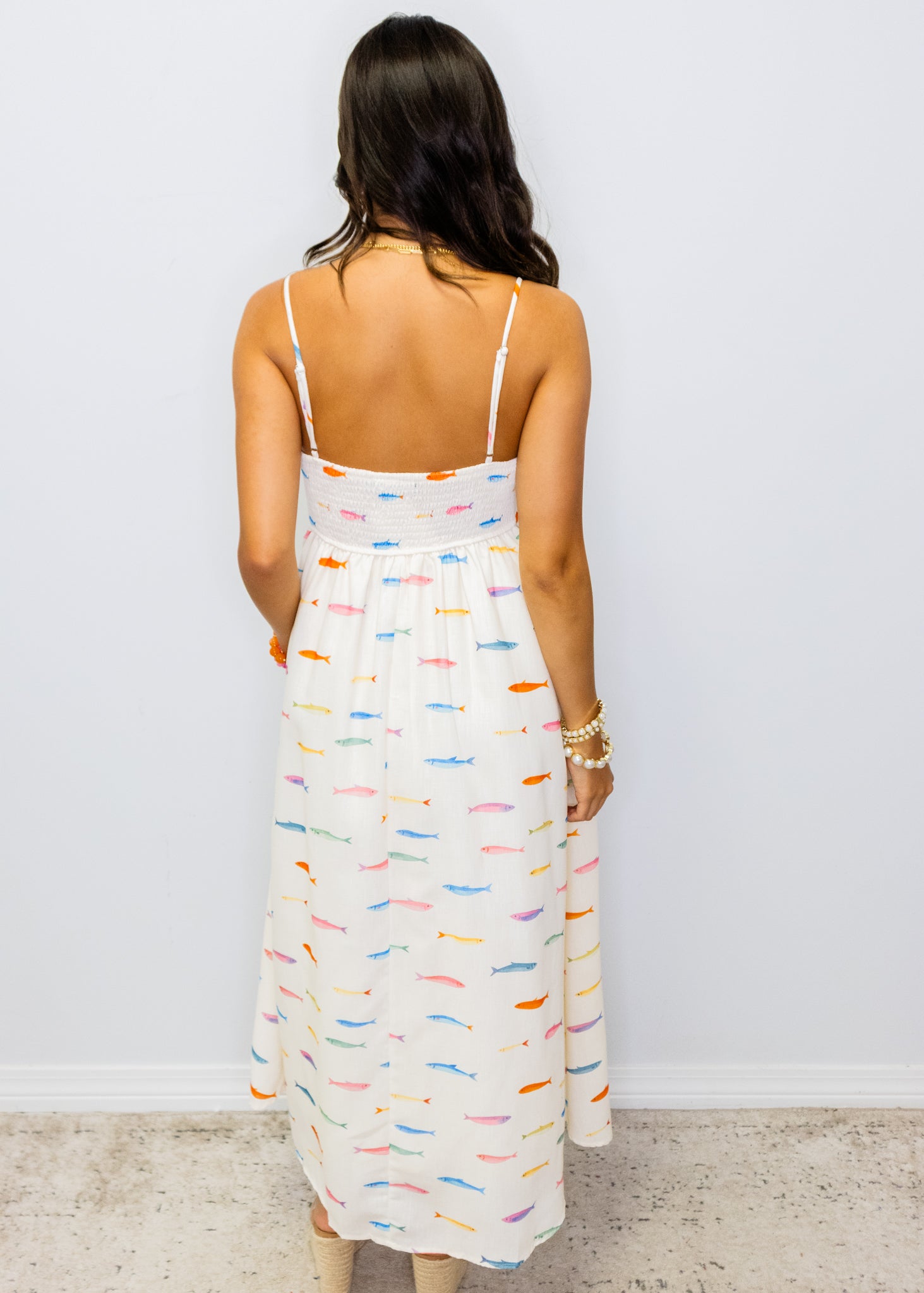 Cream Fish Print Midi Dress
