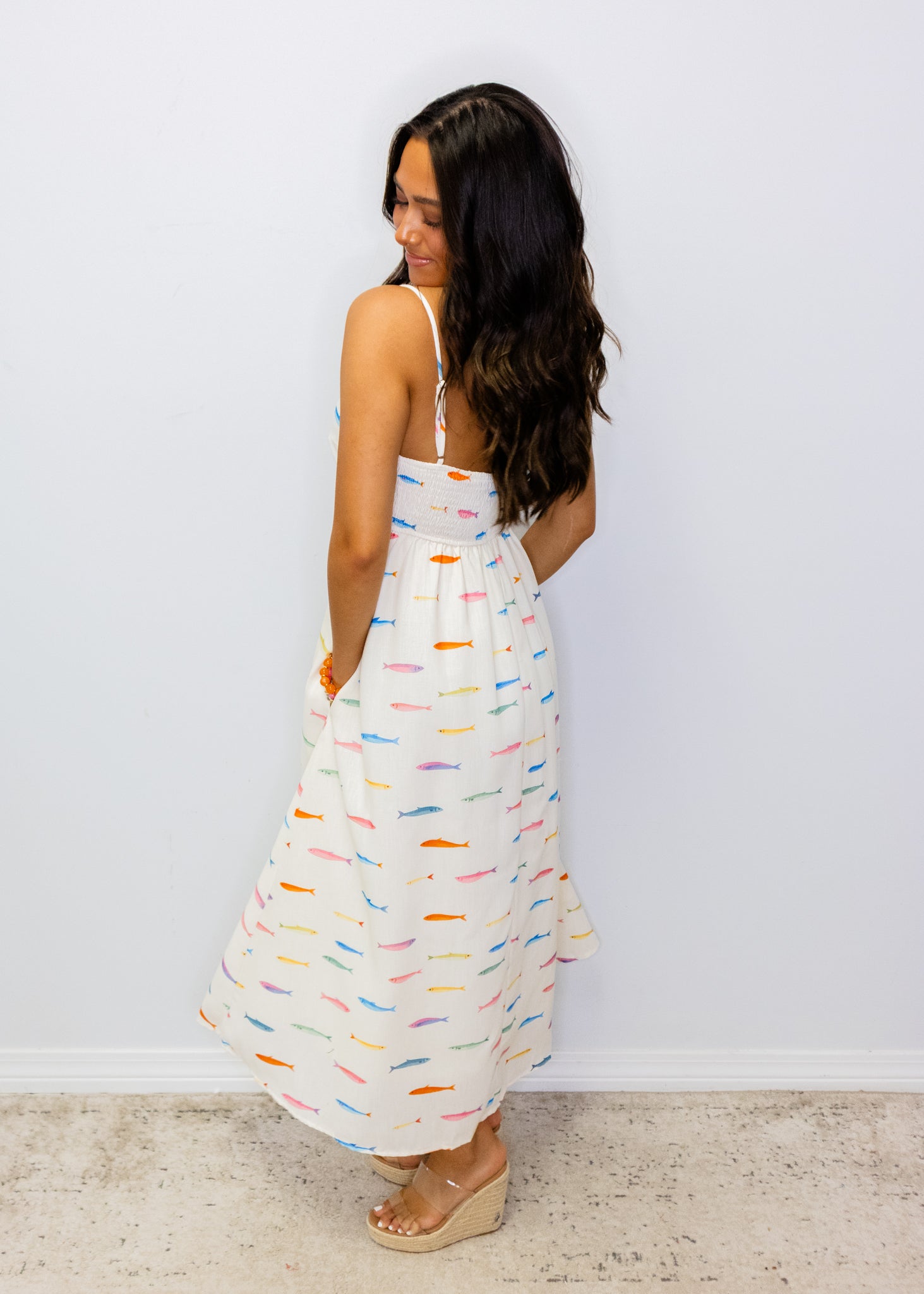 Cream Fish Print Midi Dress
