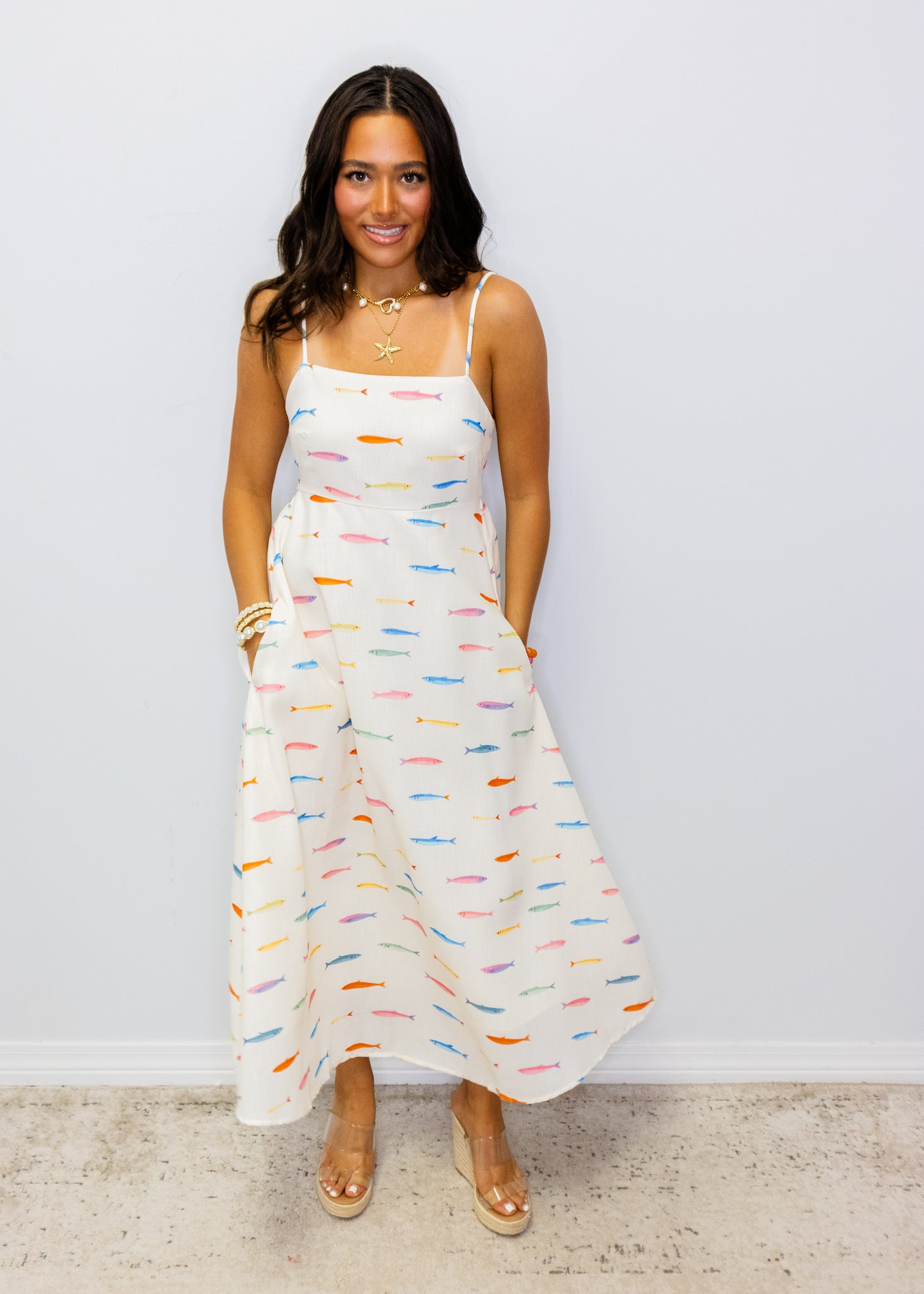 Cream Fish Print Midi Dress