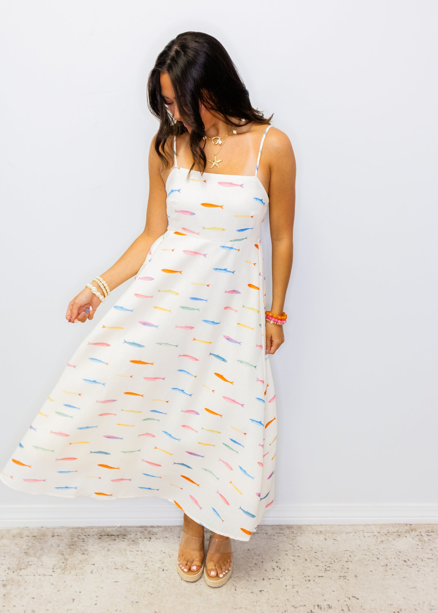 Cream Fish Print Midi Dress