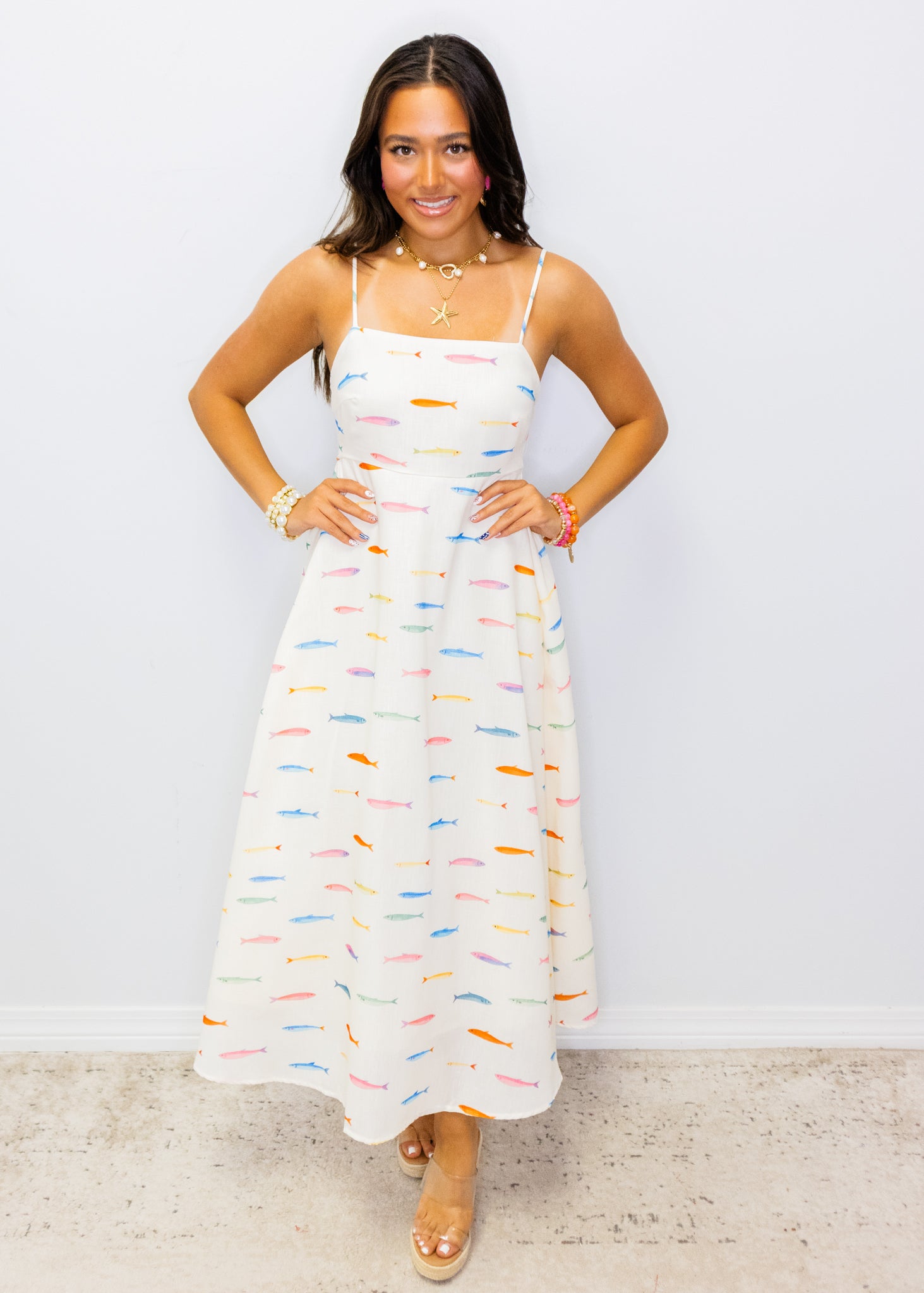 Cream Fish Print Midi Dress