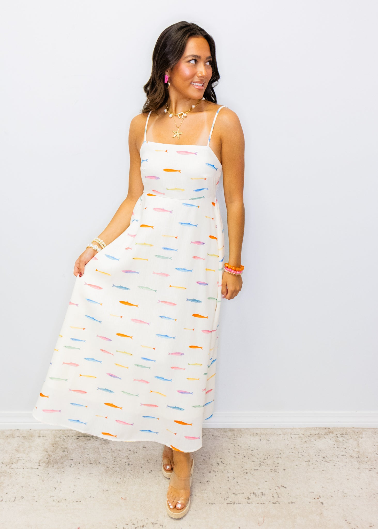 Cream Fish Print Midi Dress
