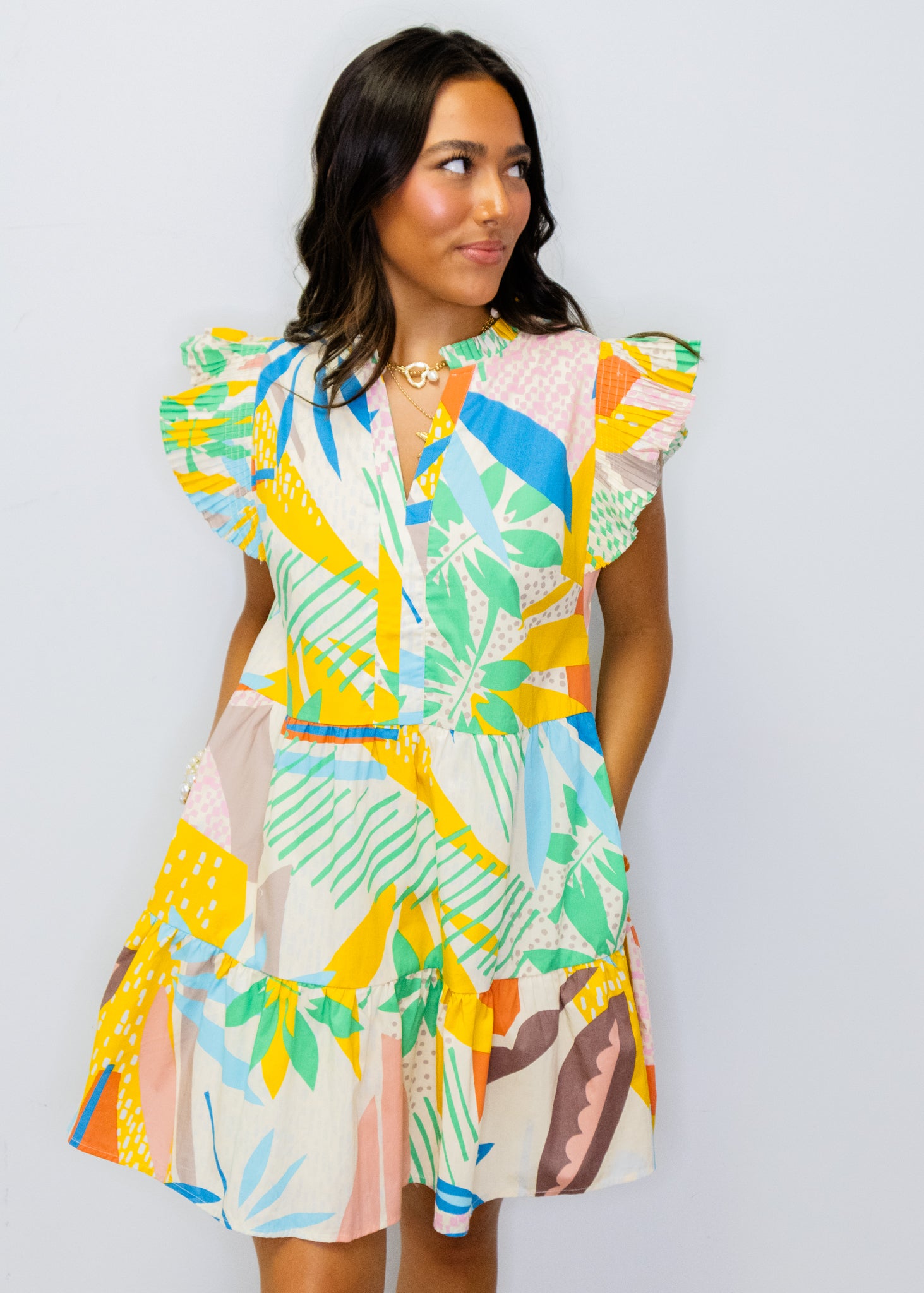 Multi Tropical Print Tiered Dress