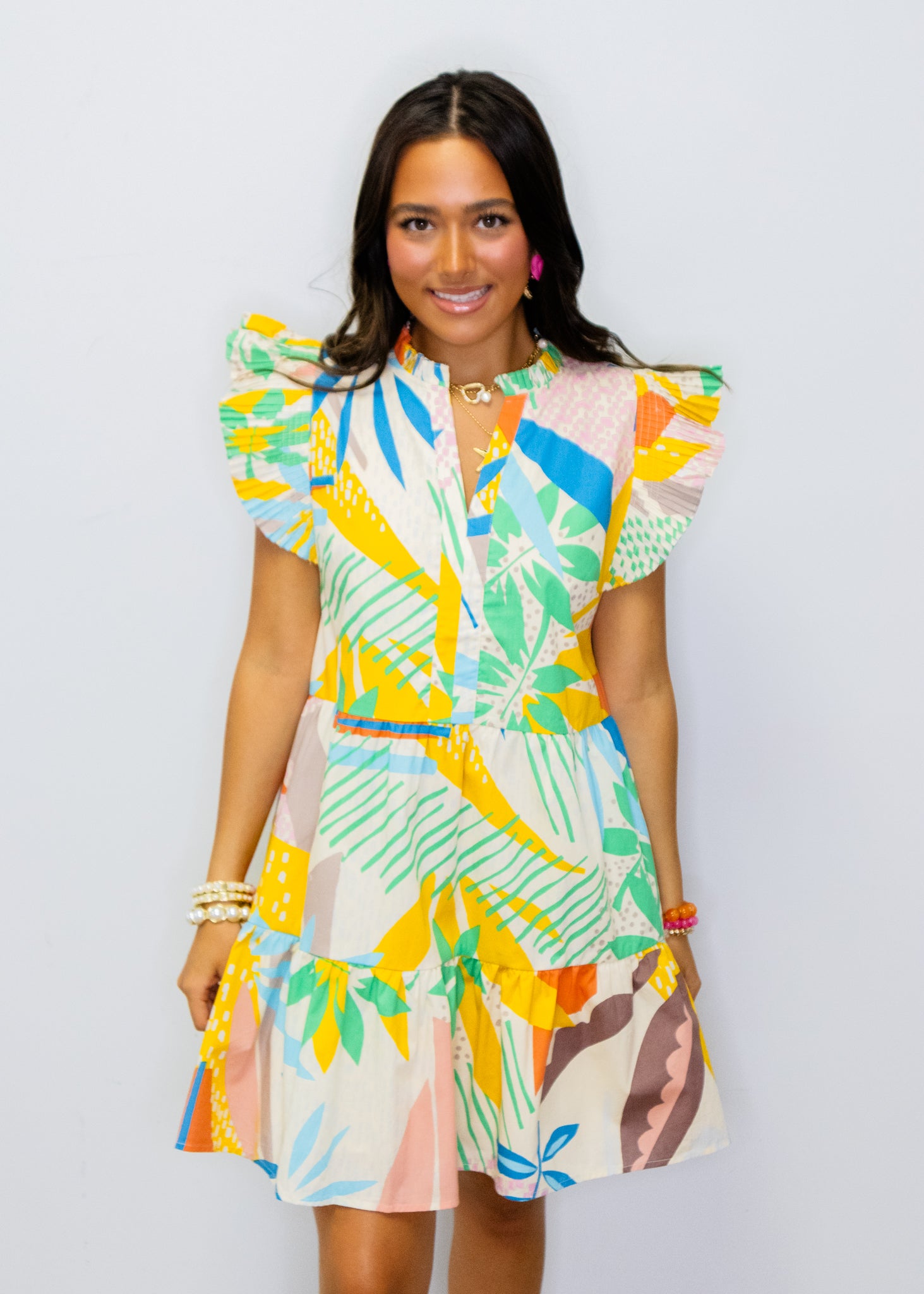 Multi Tropical Print Tiered Dress