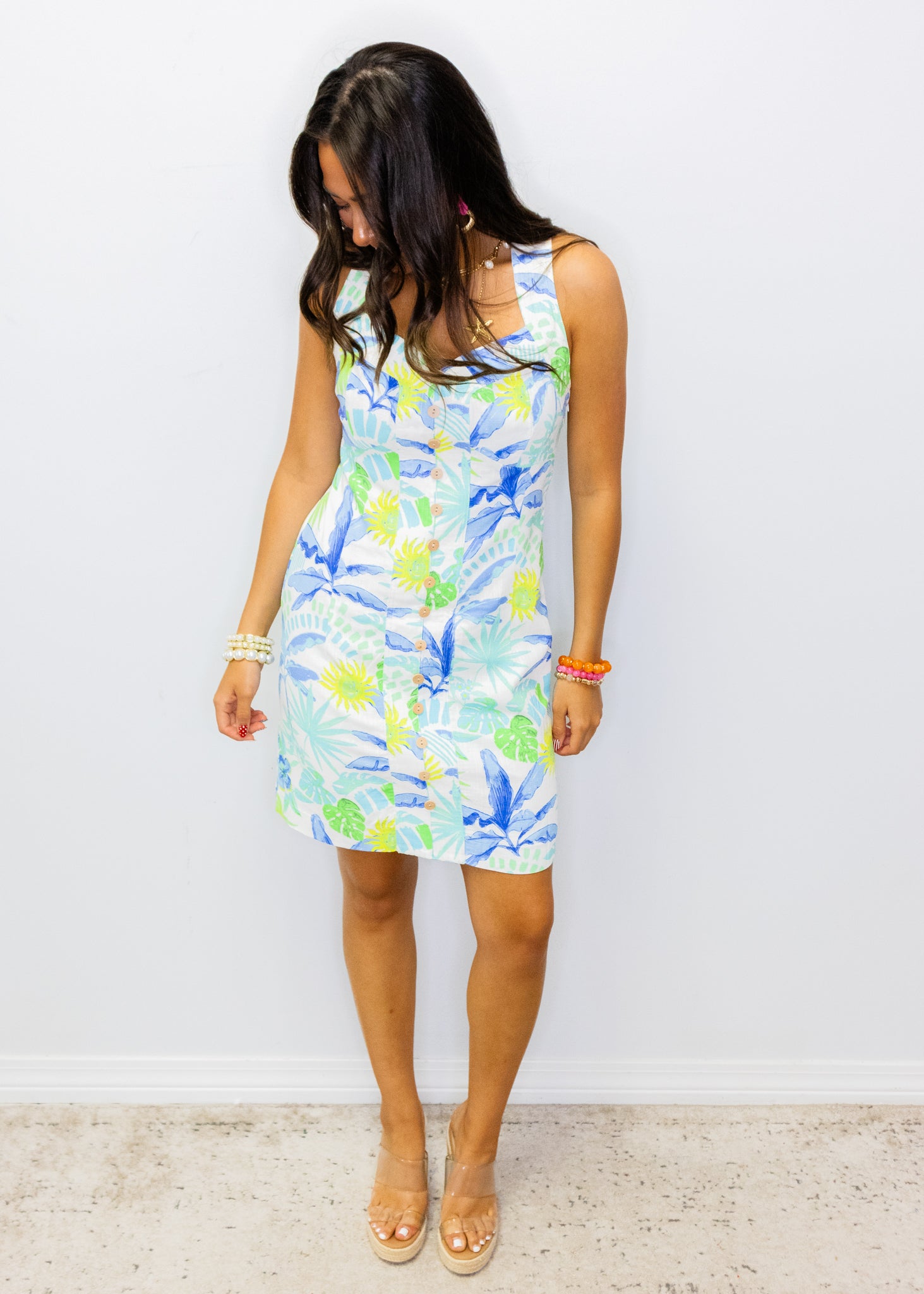 Blue & Green Tropical Fitted Dress