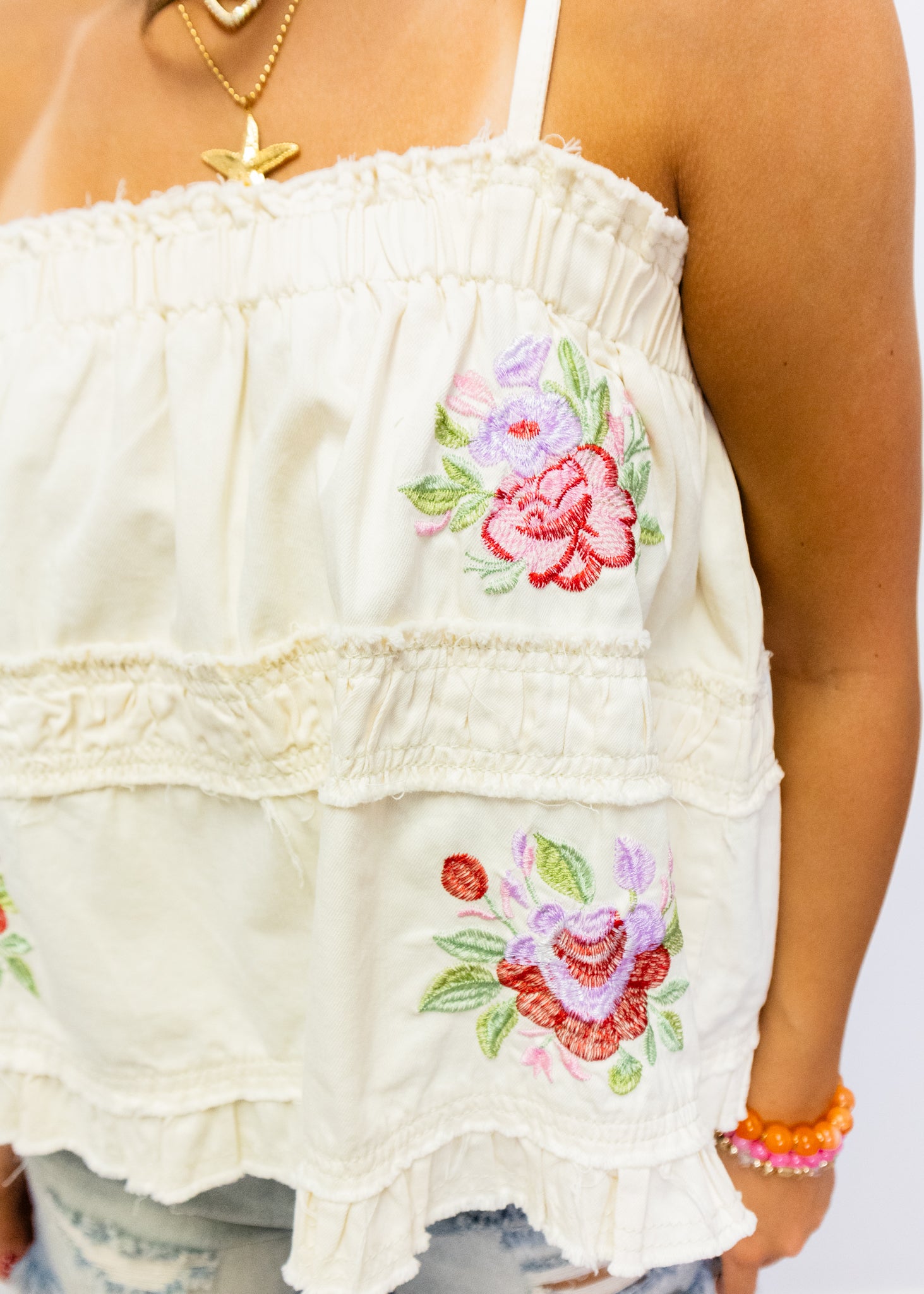 Cream Denim Floral Embroidery Top