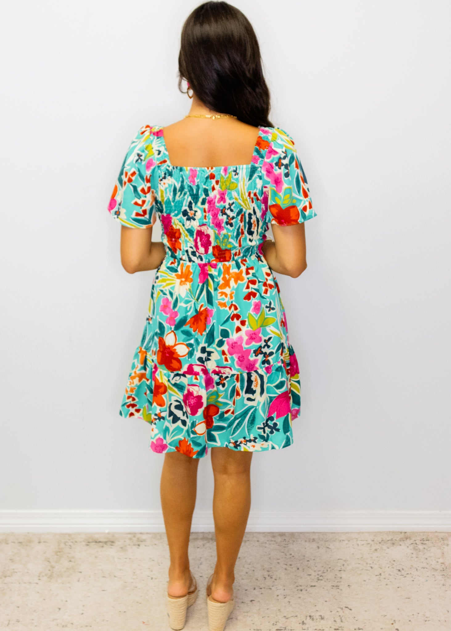 Green Multi Floral Smocked Dress