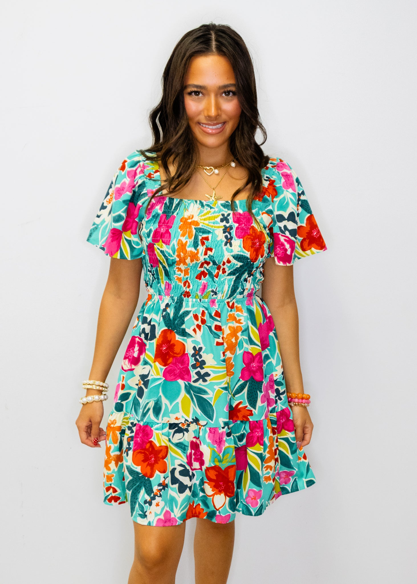 Green Multi Floral Smocked Dress