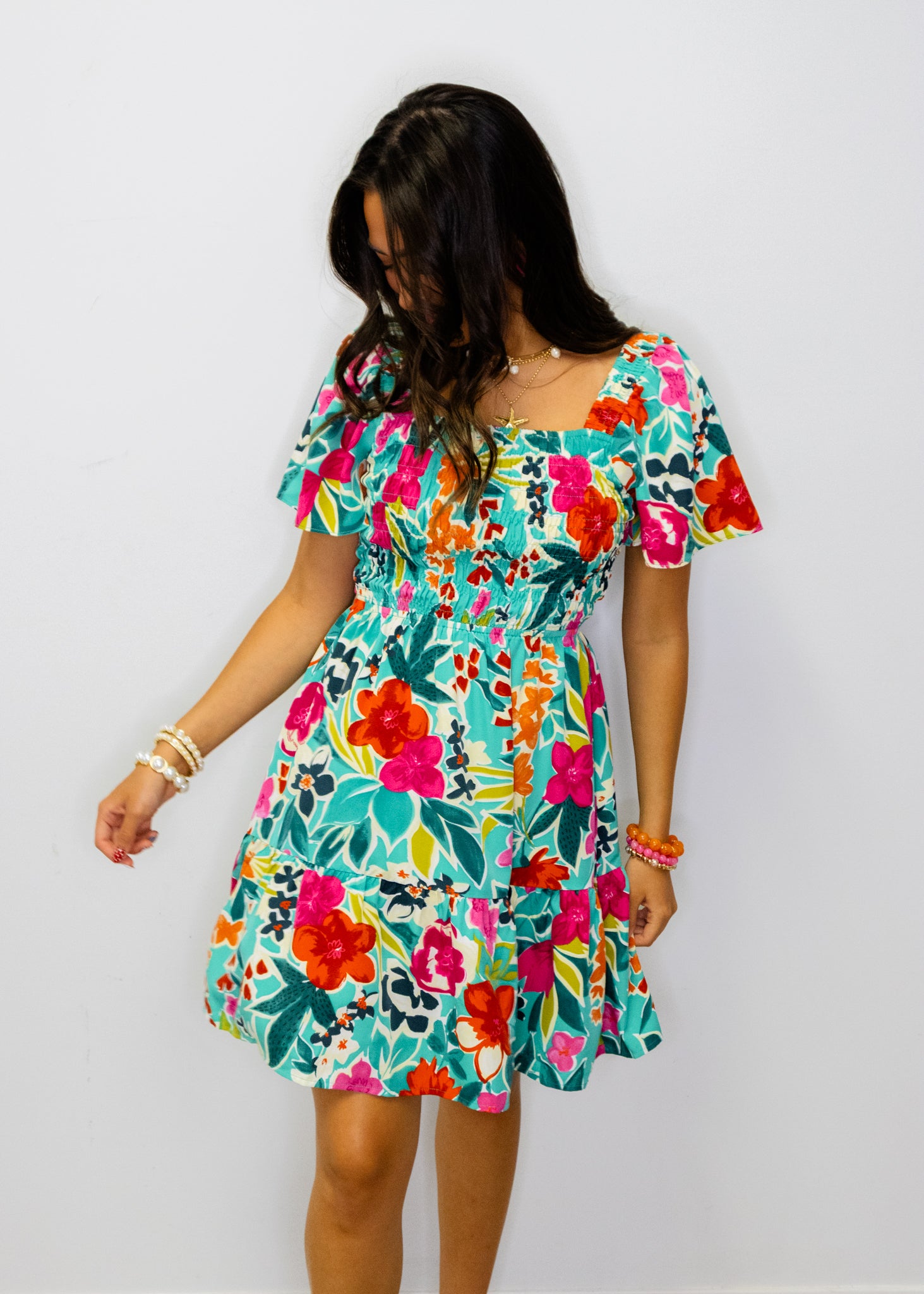 Green Multi Floral Smocked Dress