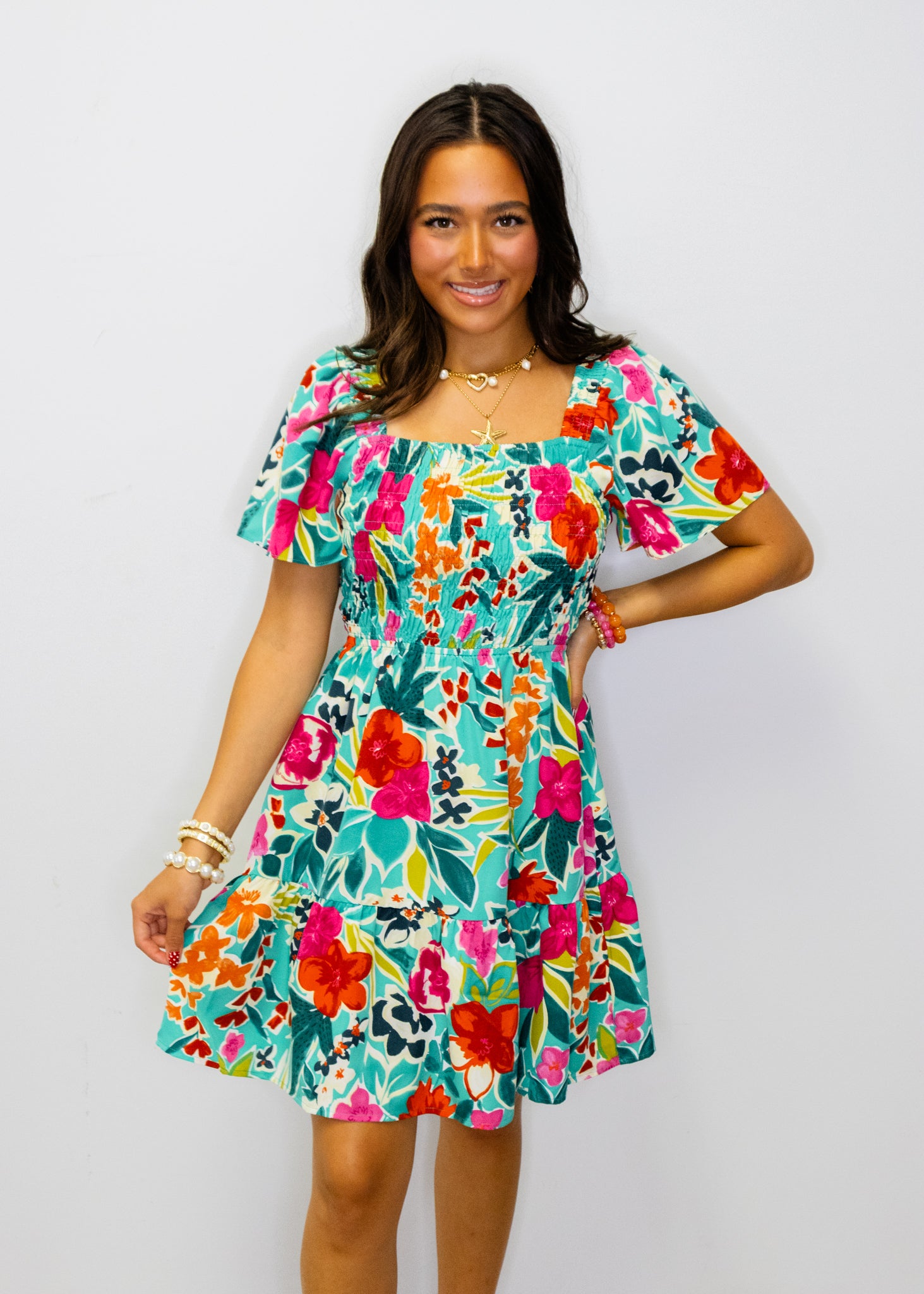 Green Multi Floral Smocked Dress
