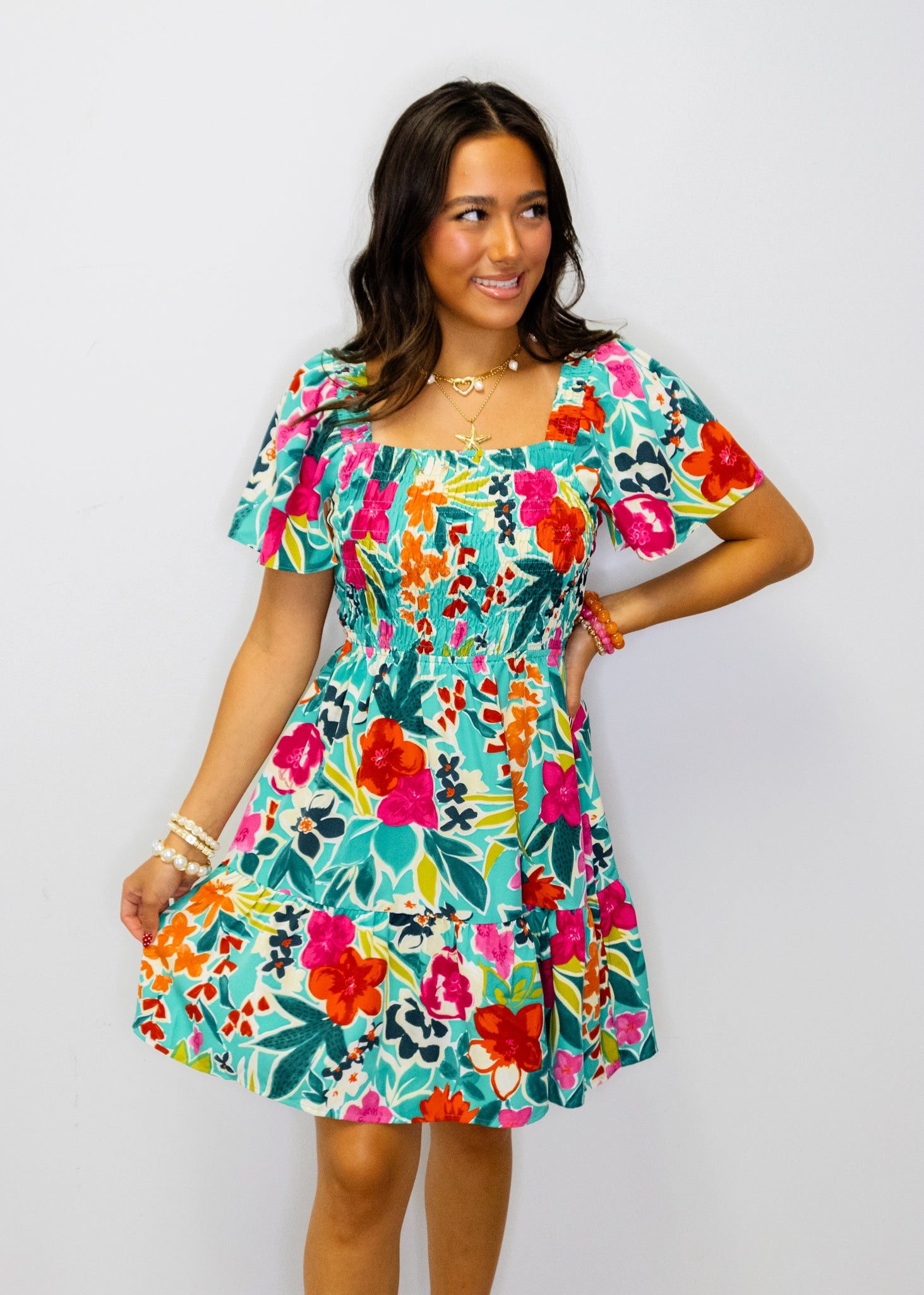 Green Multi Floral Smocked Dress