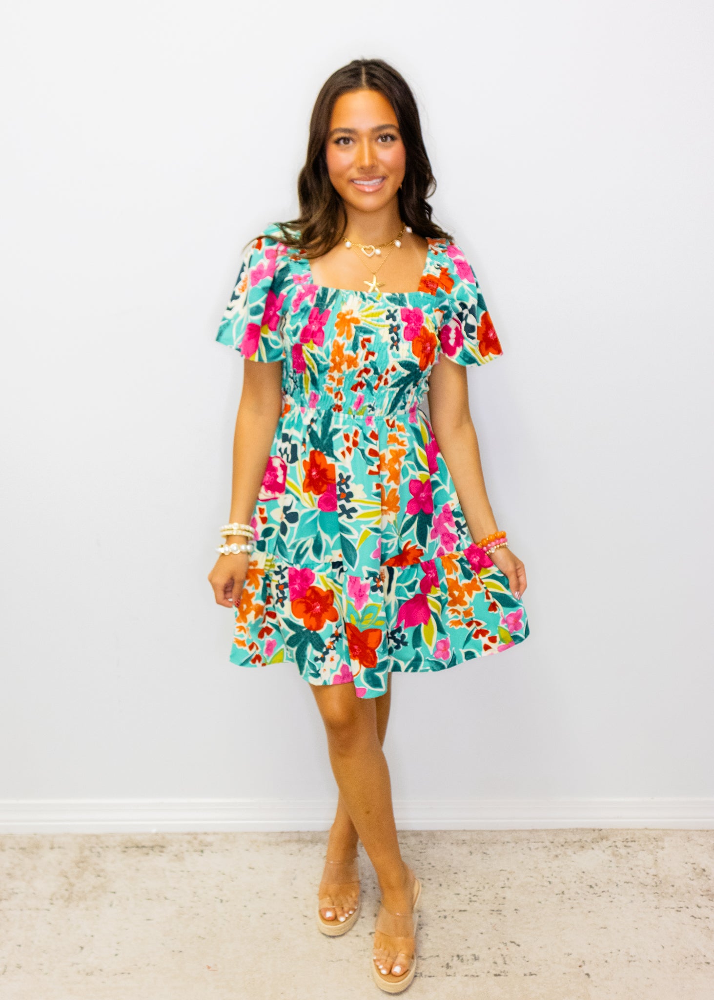 Green Multi Floral Smocked Dress