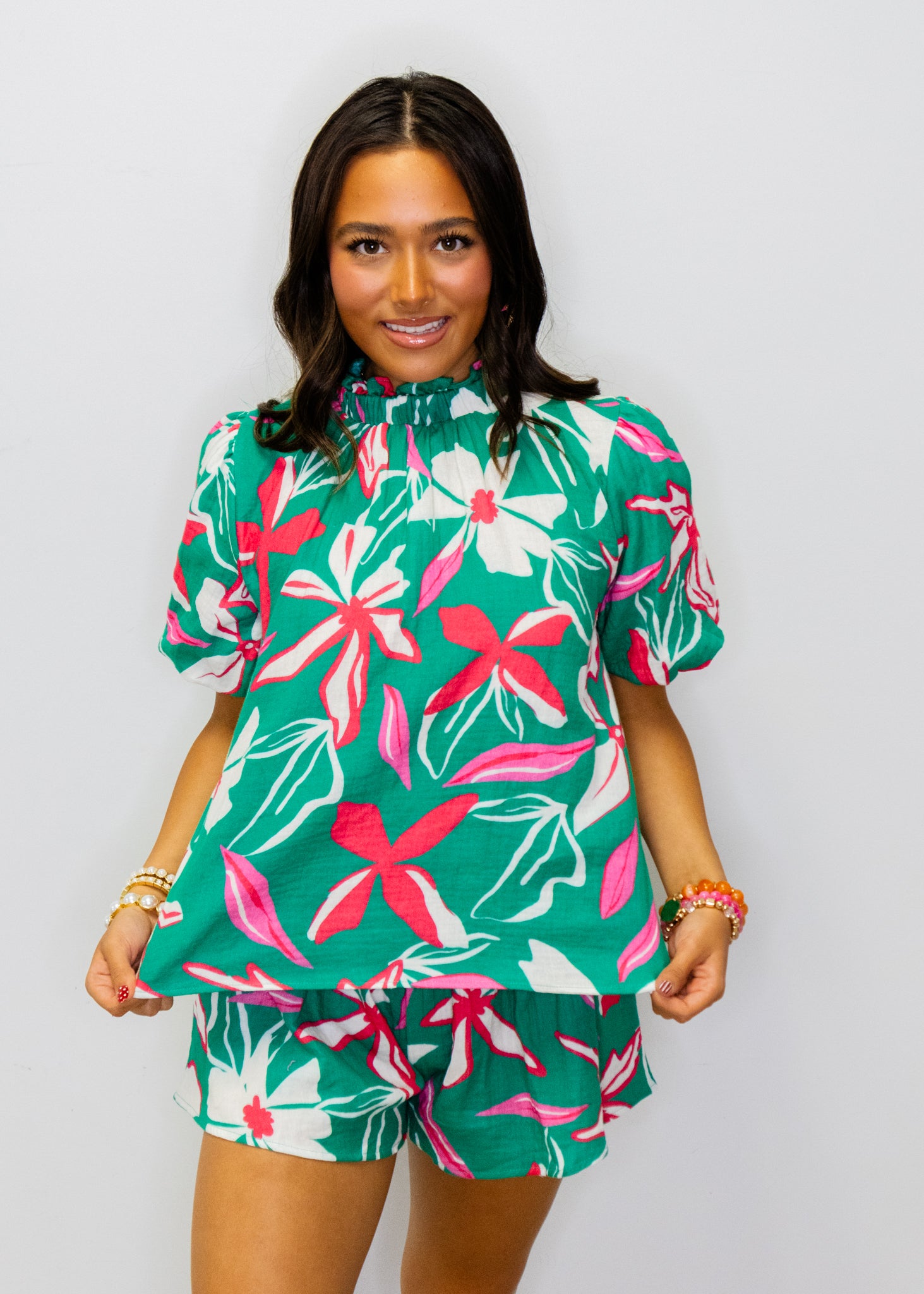 Teal Tropical Floral Shorts Set