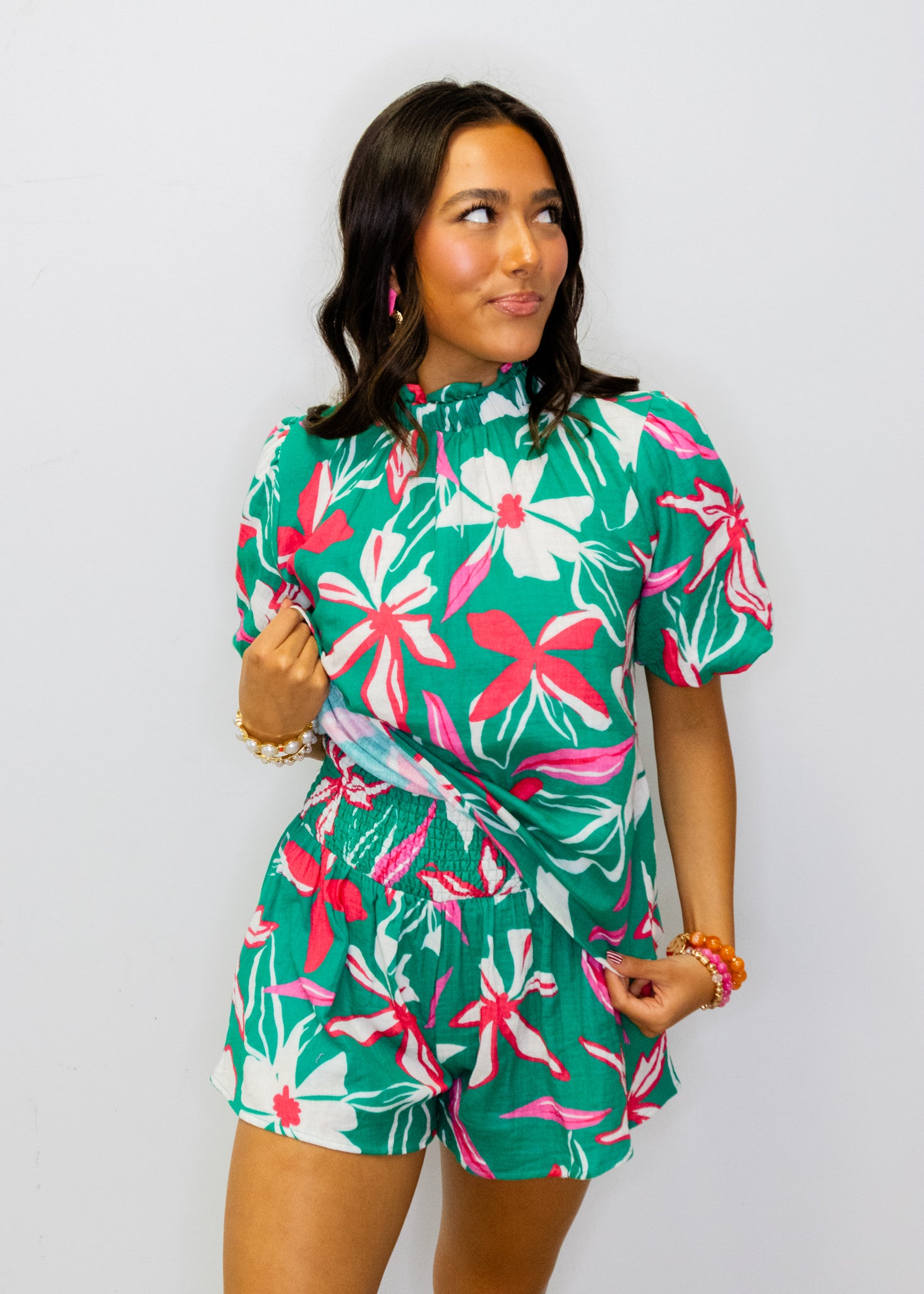 Teal Tropical Floral Shorts Set