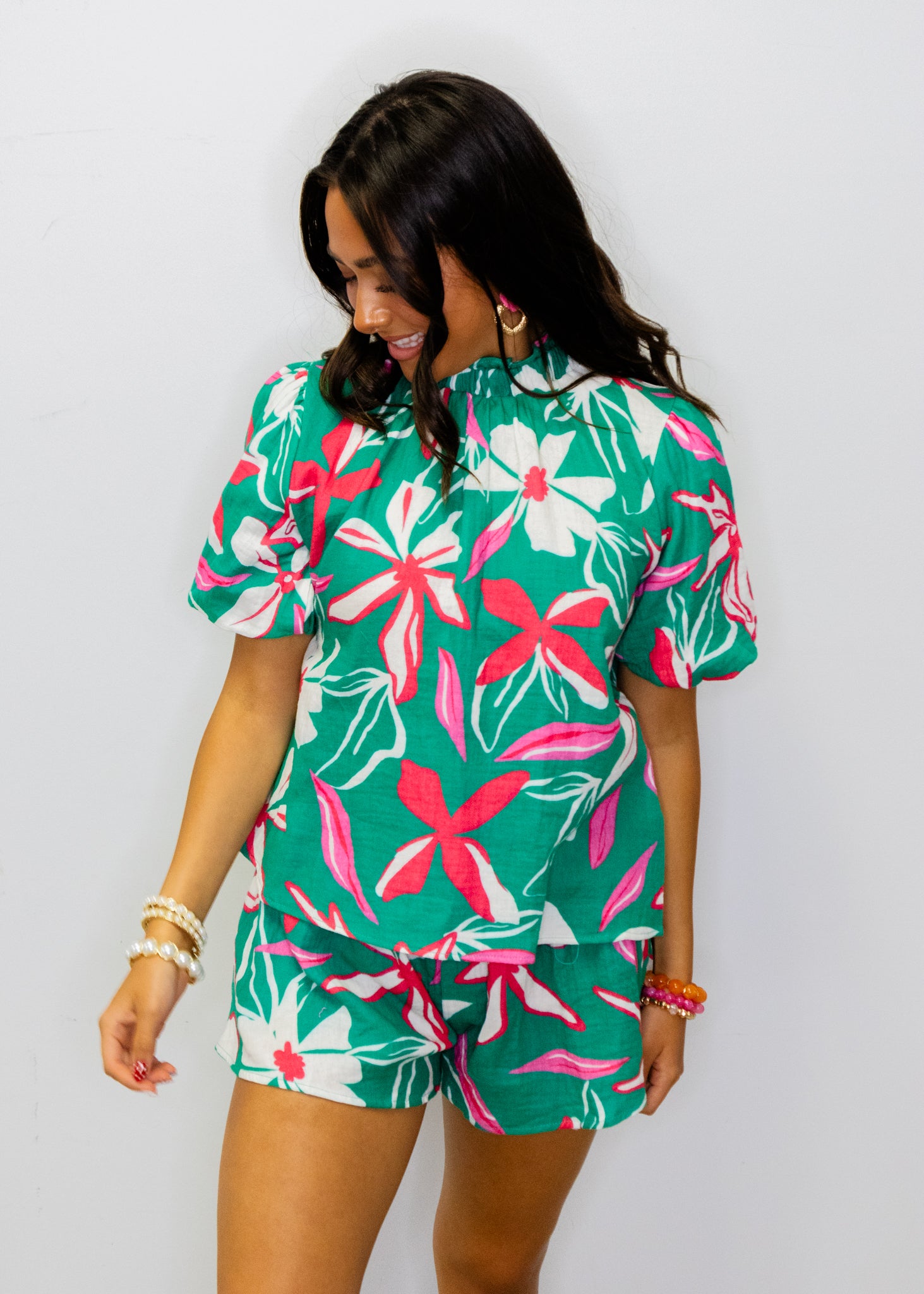 Teal Tropical Floral Shorts Set