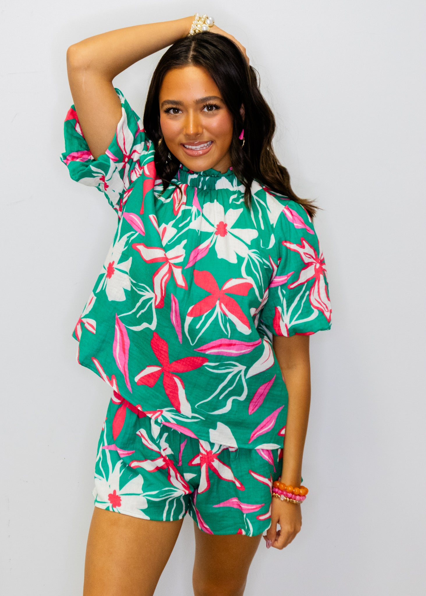 Teal Tropical Floral Shorts Set