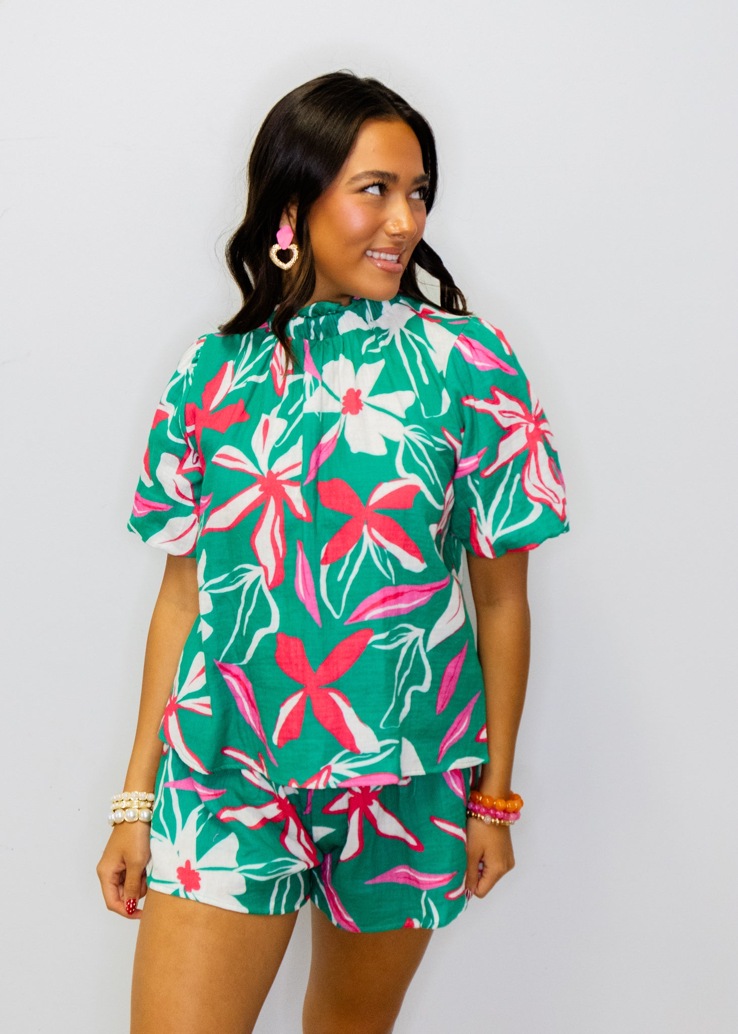Teal Tropical Floral Shorts Set