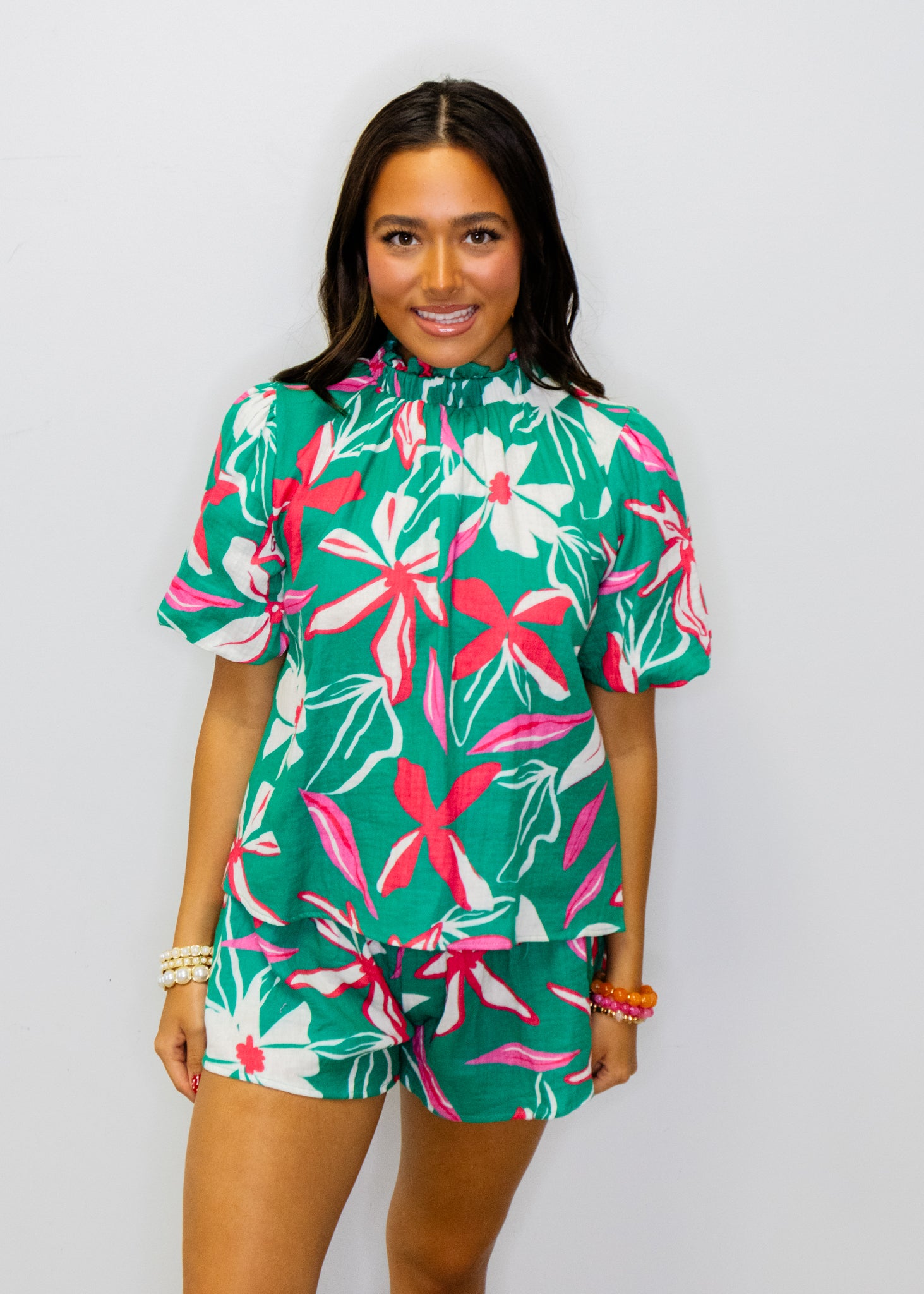 Teal Tropical Floral Shorts Set