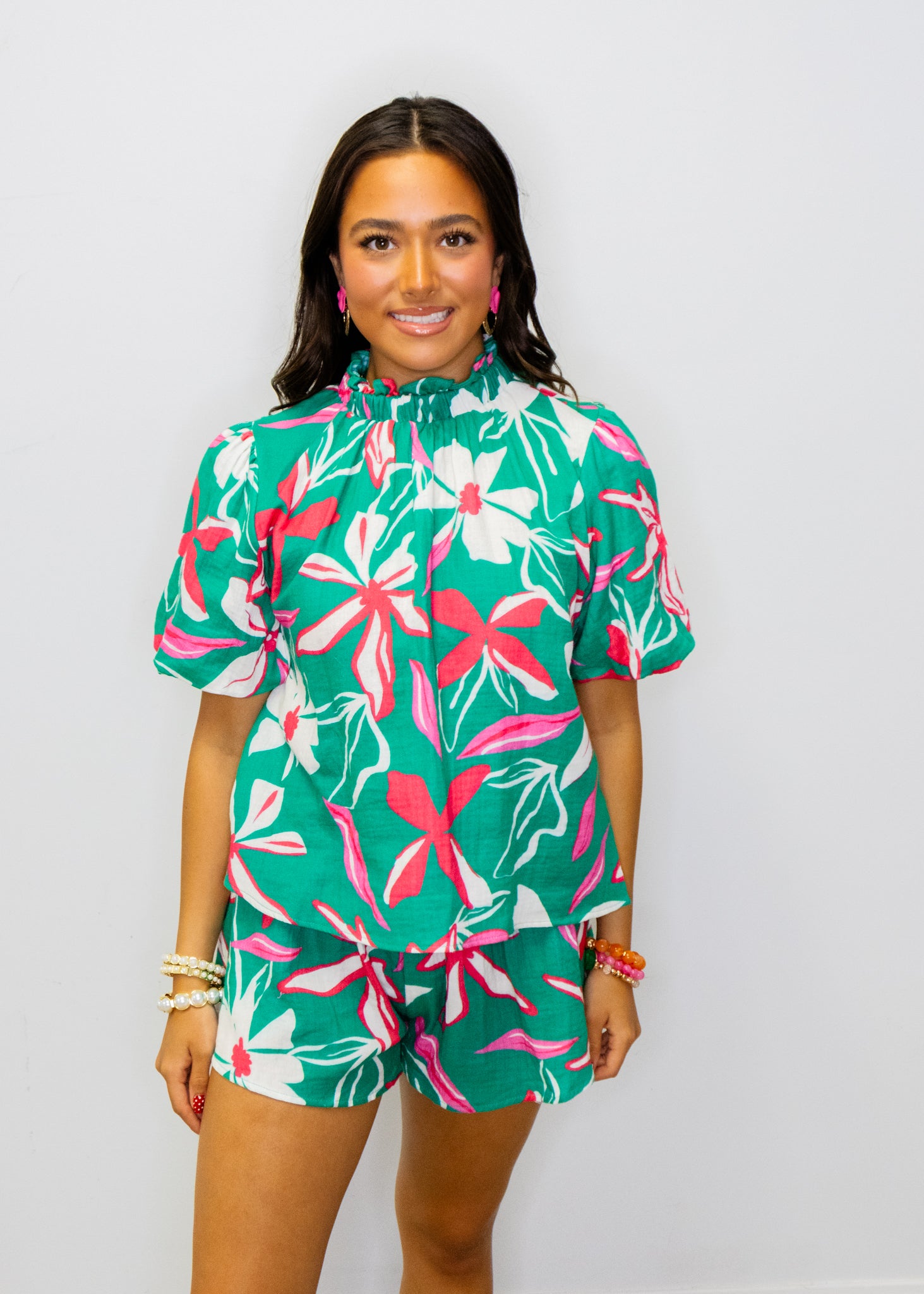 Teal Tropical Floral Shorts Set