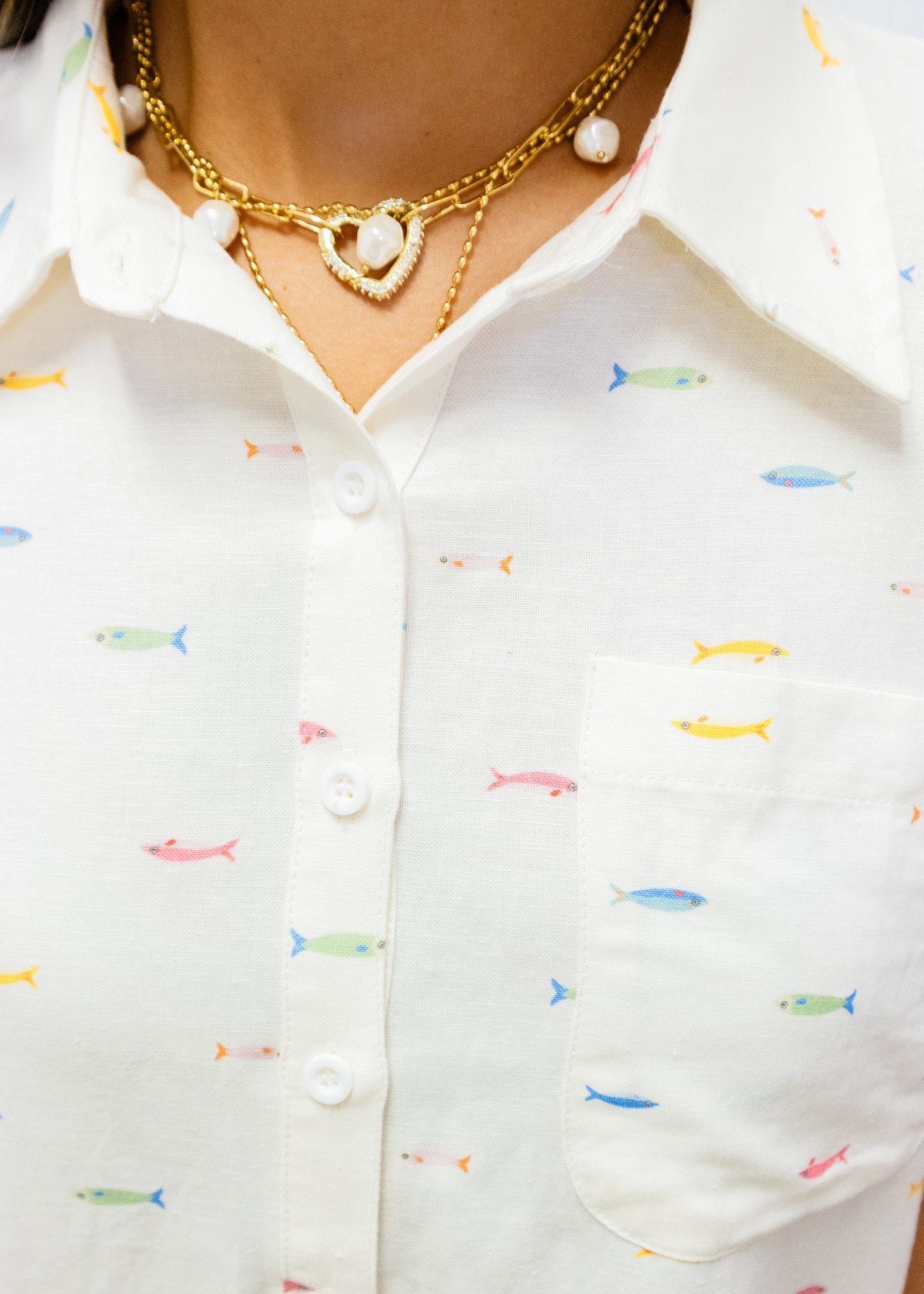 White Fish Linen Button Top