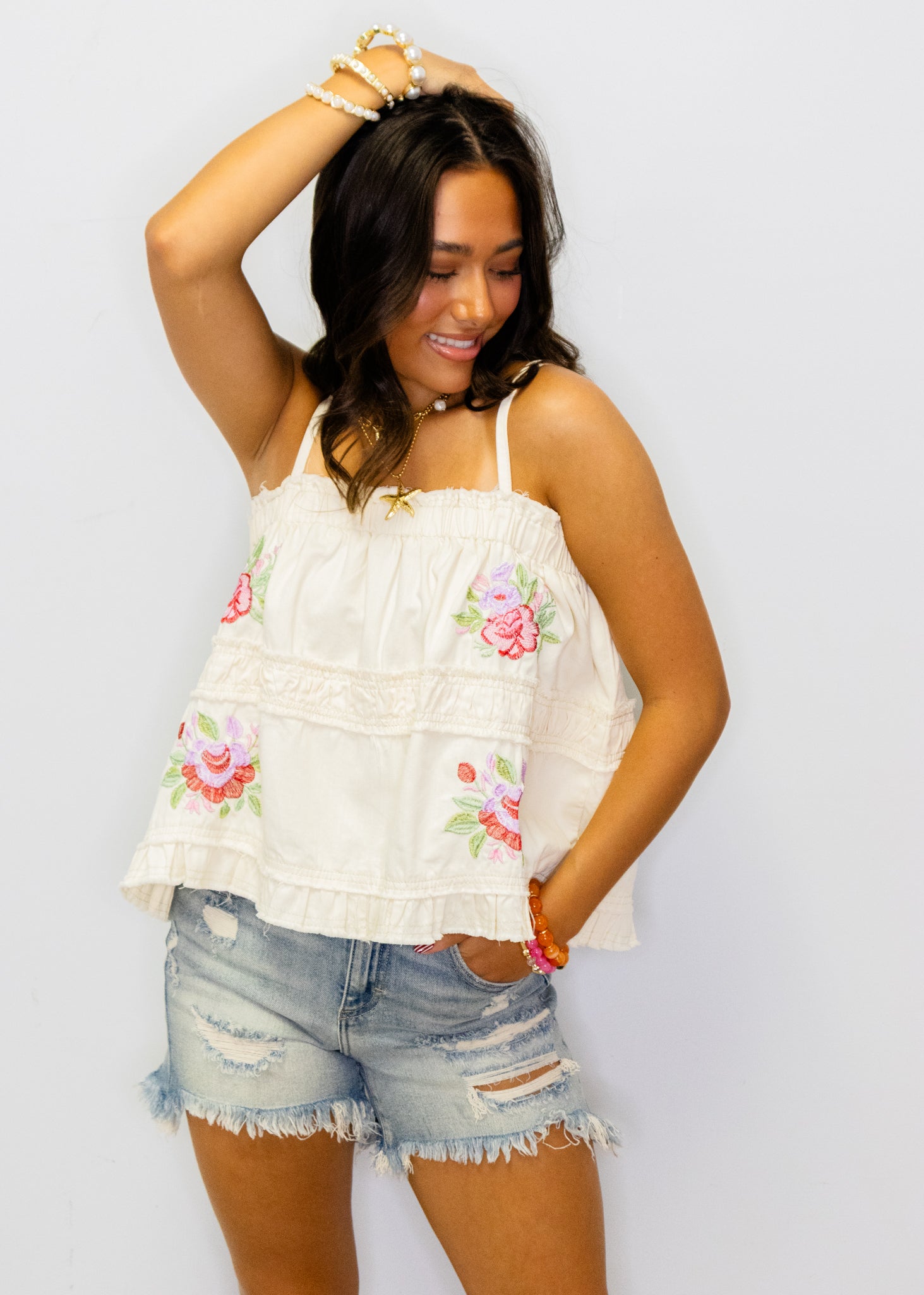 Cream Denim Floral Embroidery Top