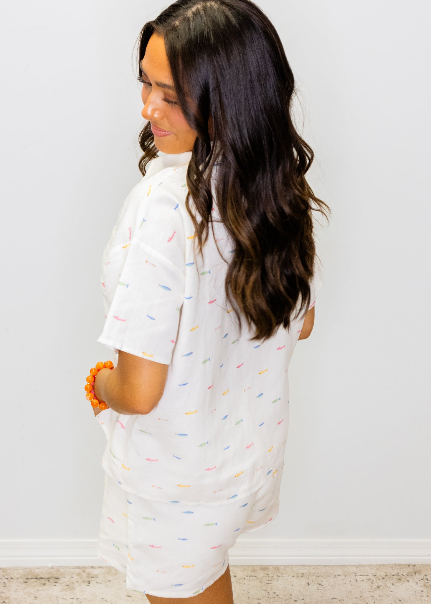White Fish Linen Button Top
