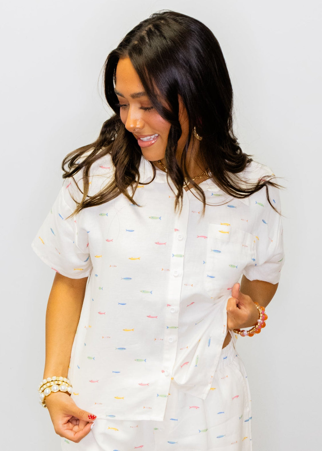 White Fish Linen Button Top