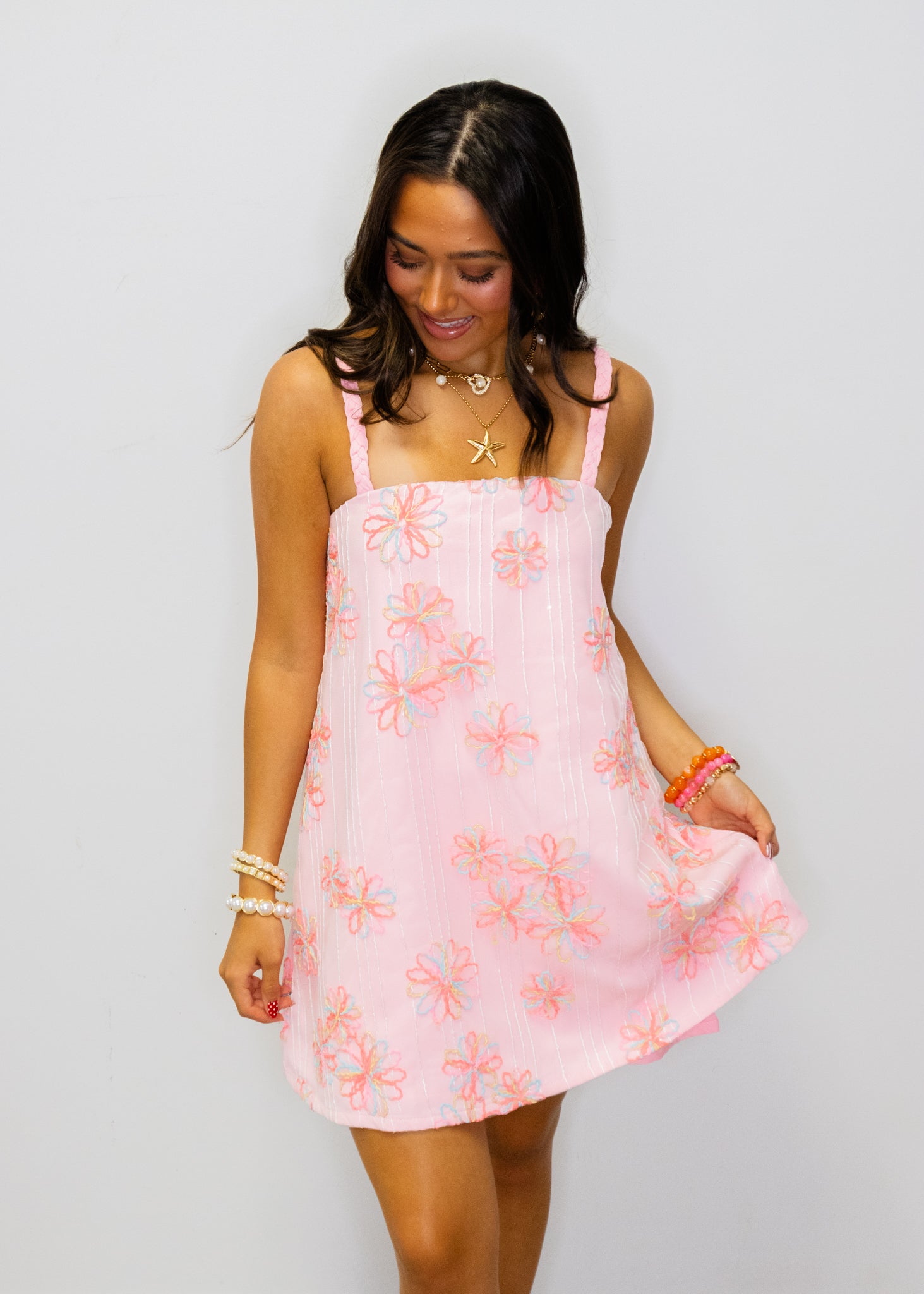 Pink Floral Stitching Sequin Dress