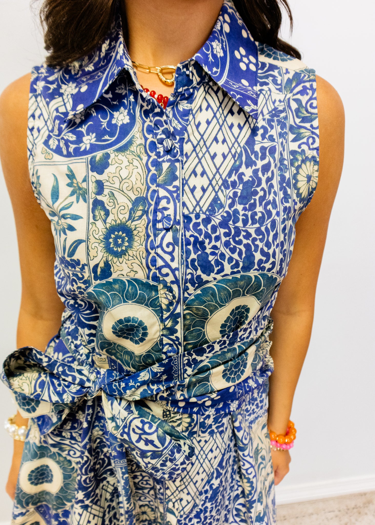 Navy Patchwork Tie Waist Dress