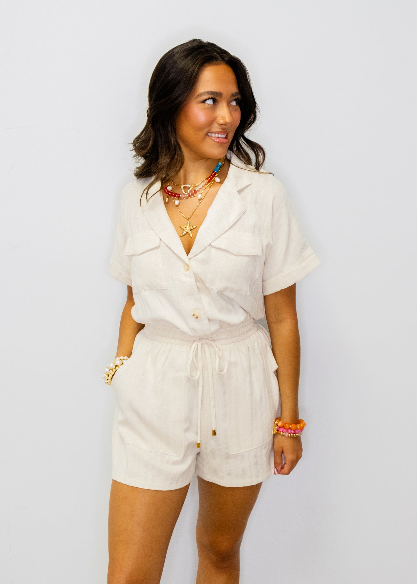 Natural Linen Textured Tie Romper