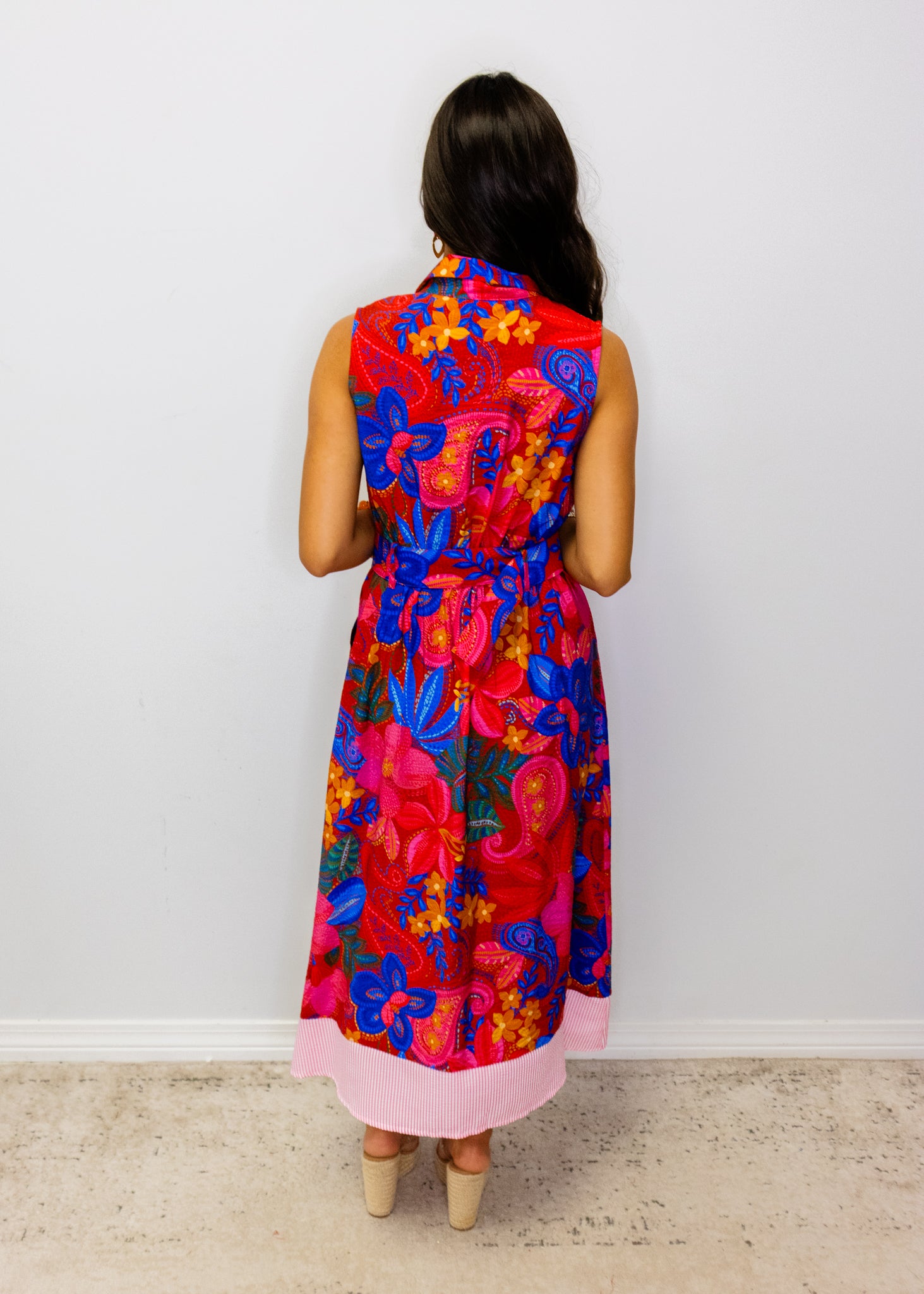 Bright Floral Belted Midi Dress
