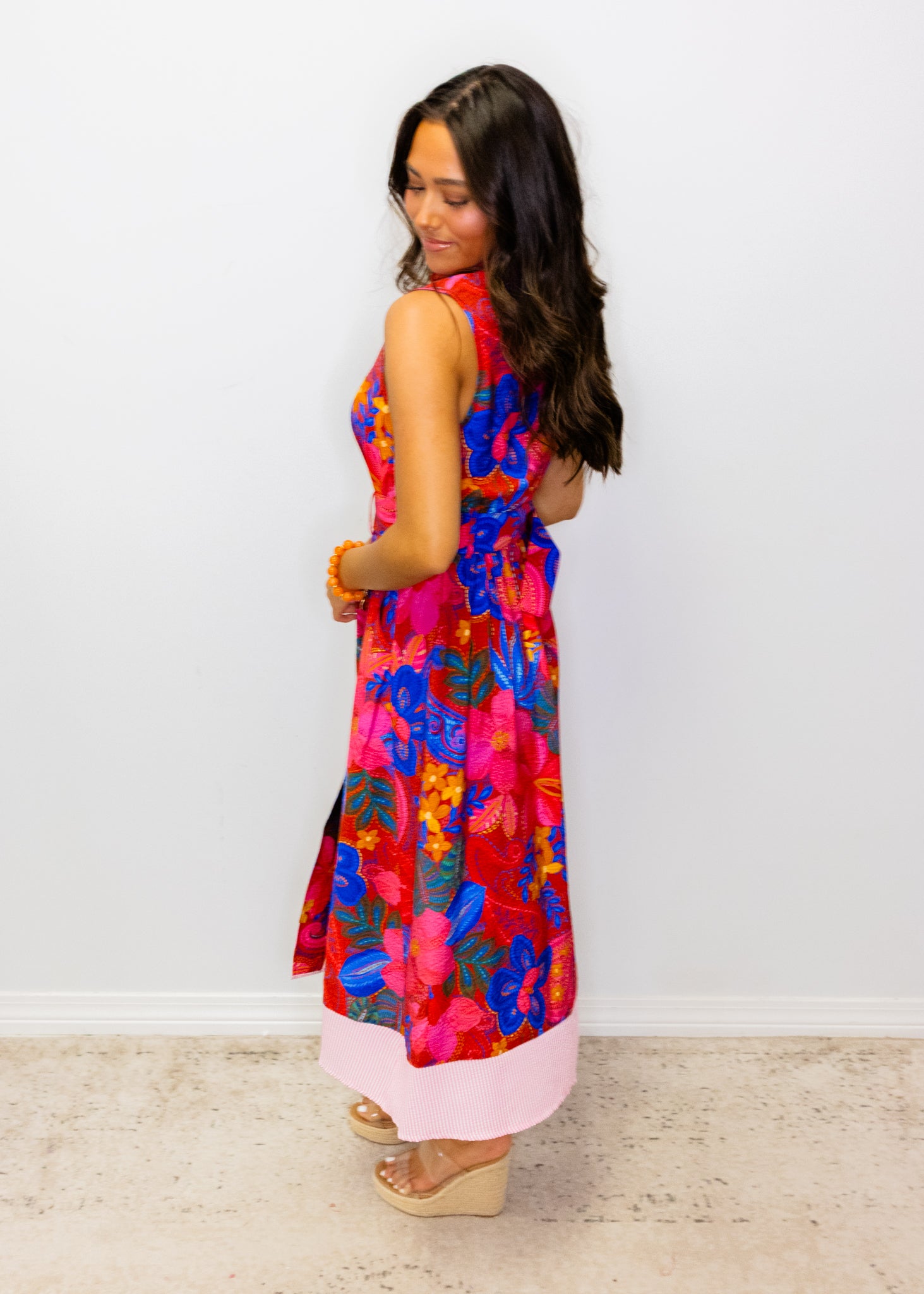 Bright Floral Belted Midi Dress