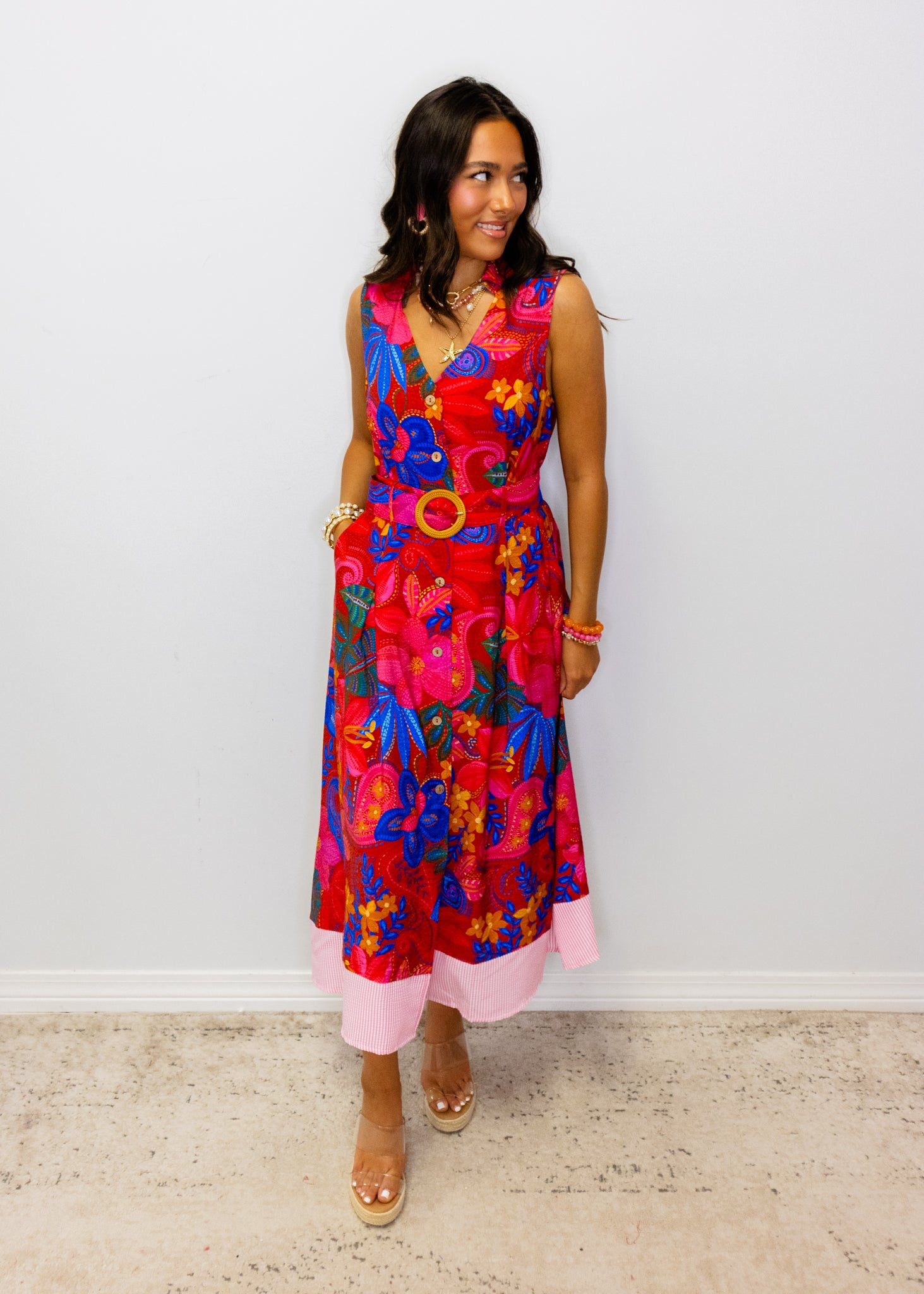Bright Floral Belted Midi Dress