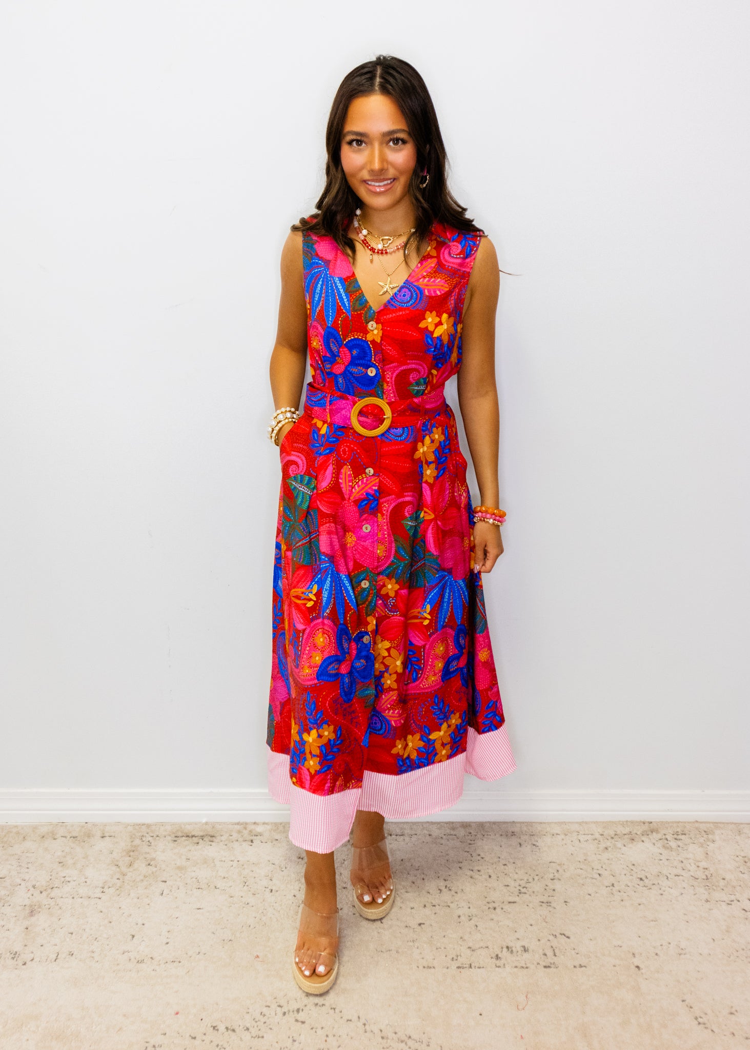 Bright Floral Belted Midi Dress