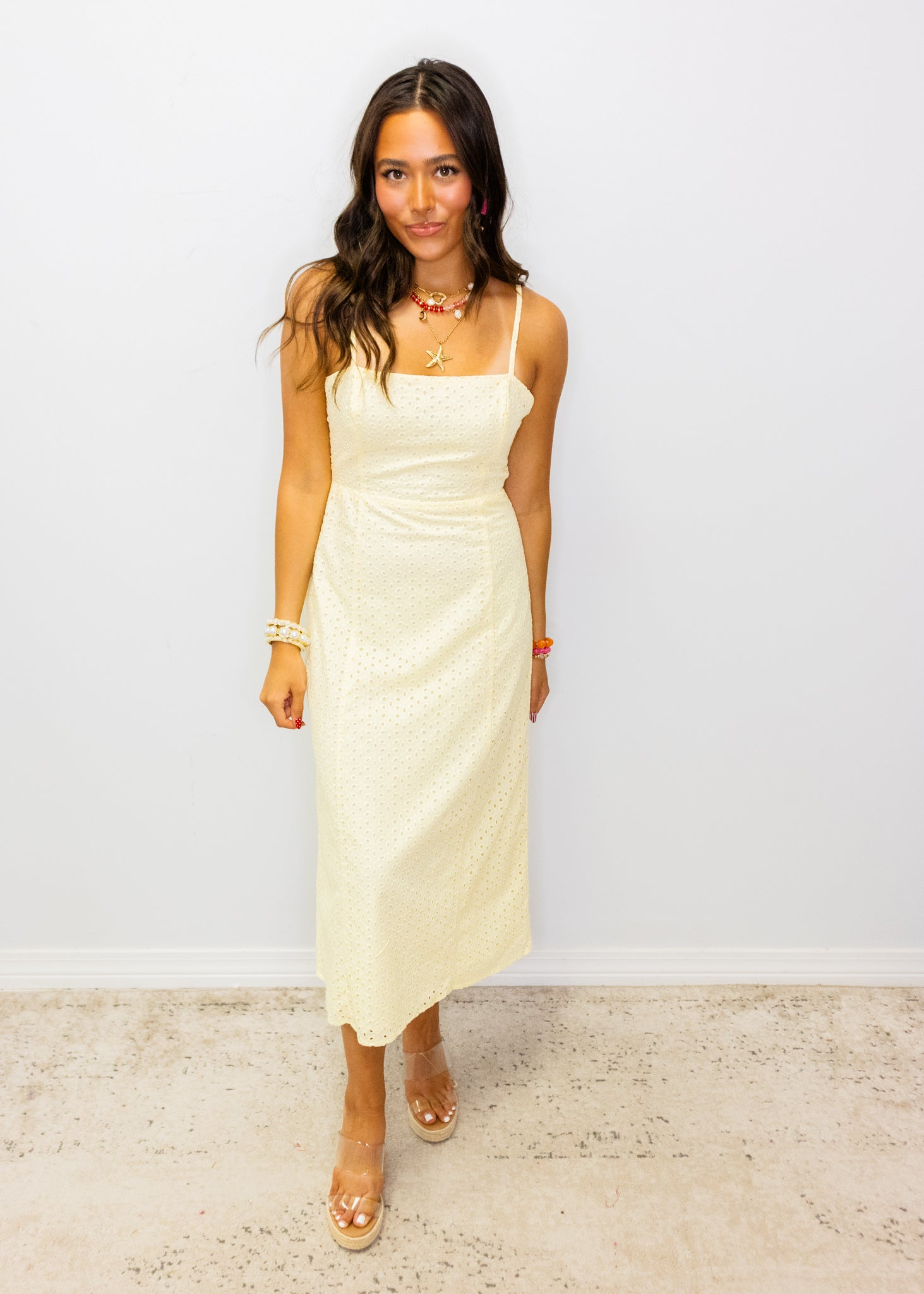 Butter Yellow Eyelet Midi Dress