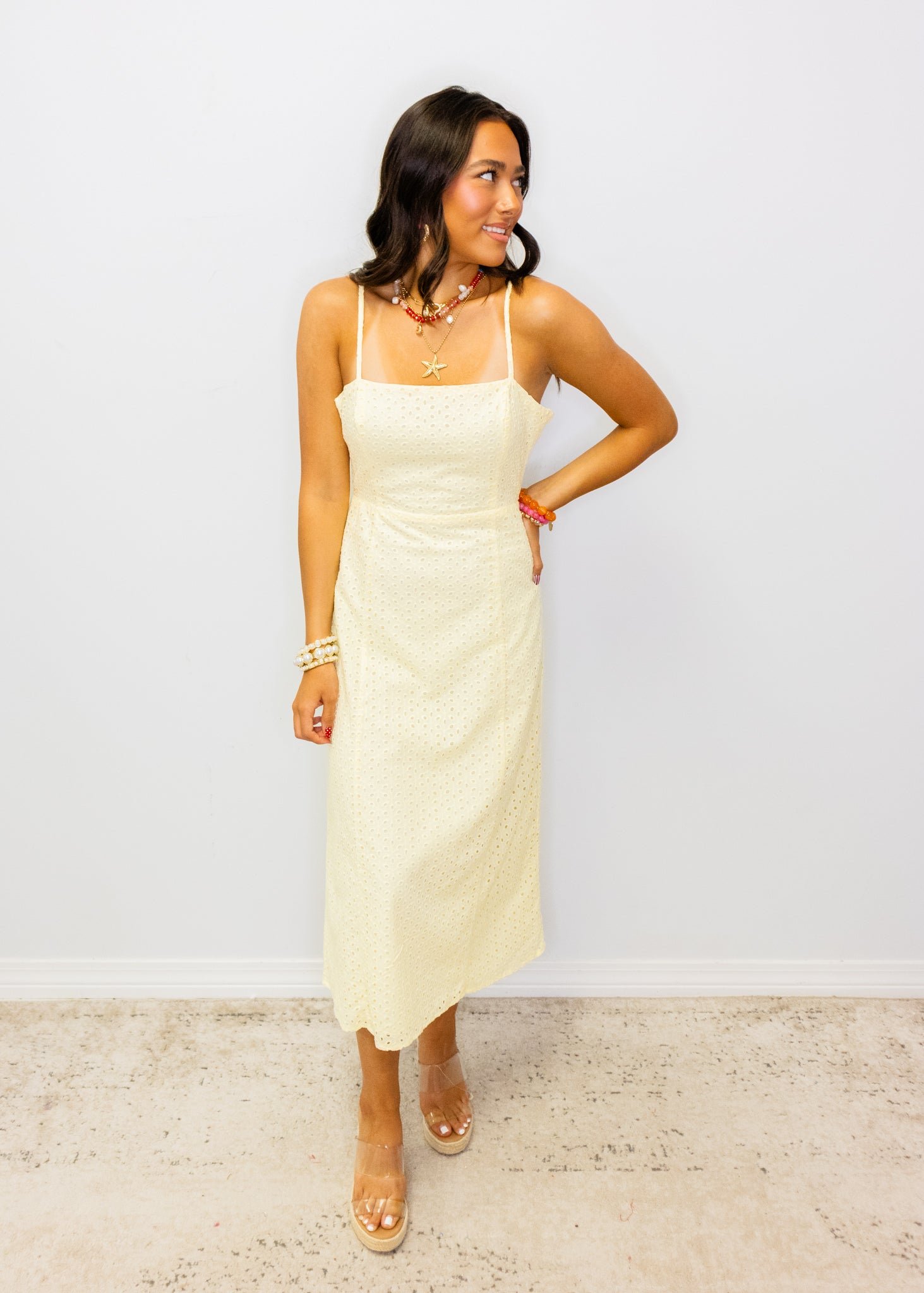 Butter Yellow Eyelet Midi Dress