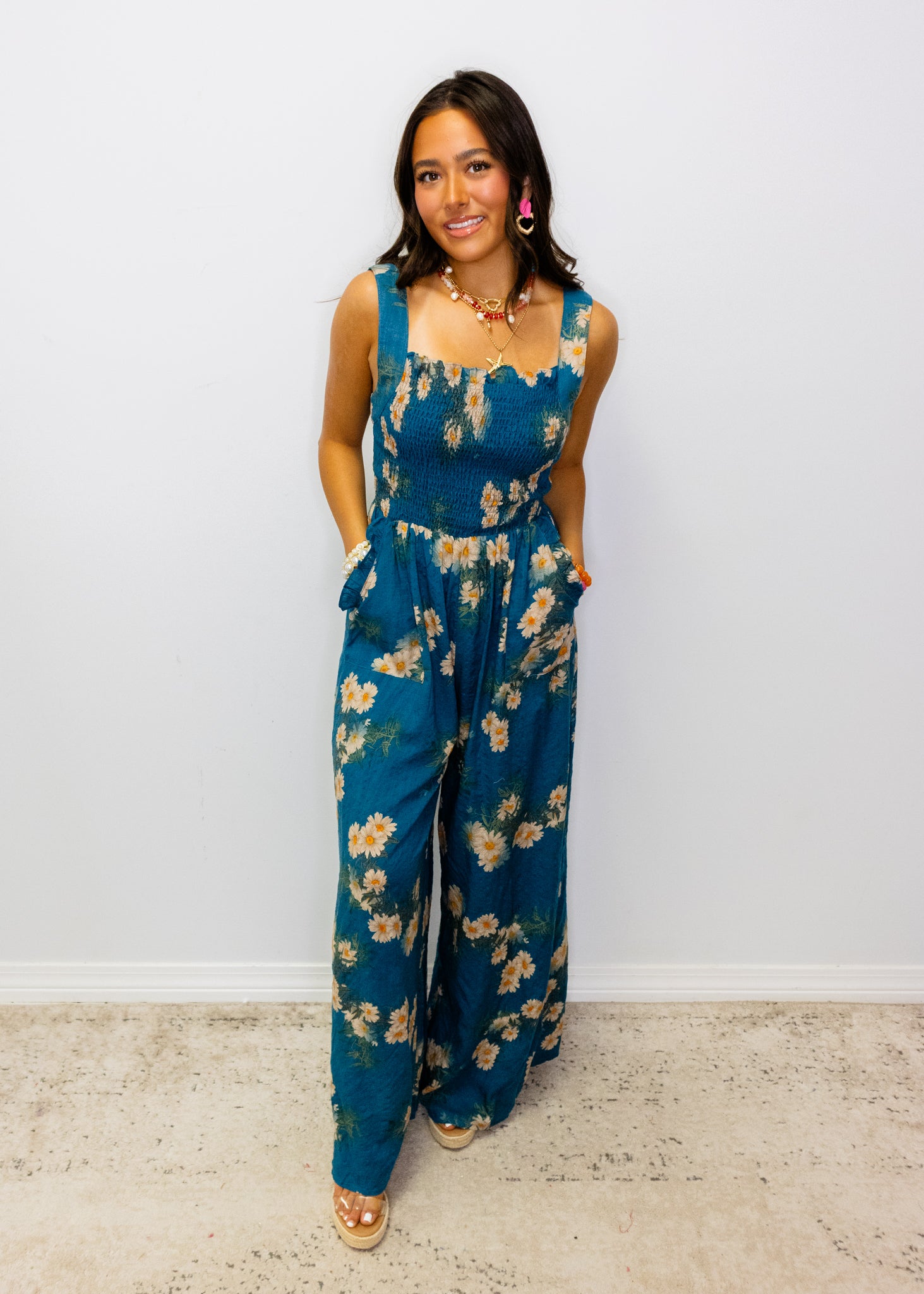 Teal Floral Ruffle Smocking Jumpsuit