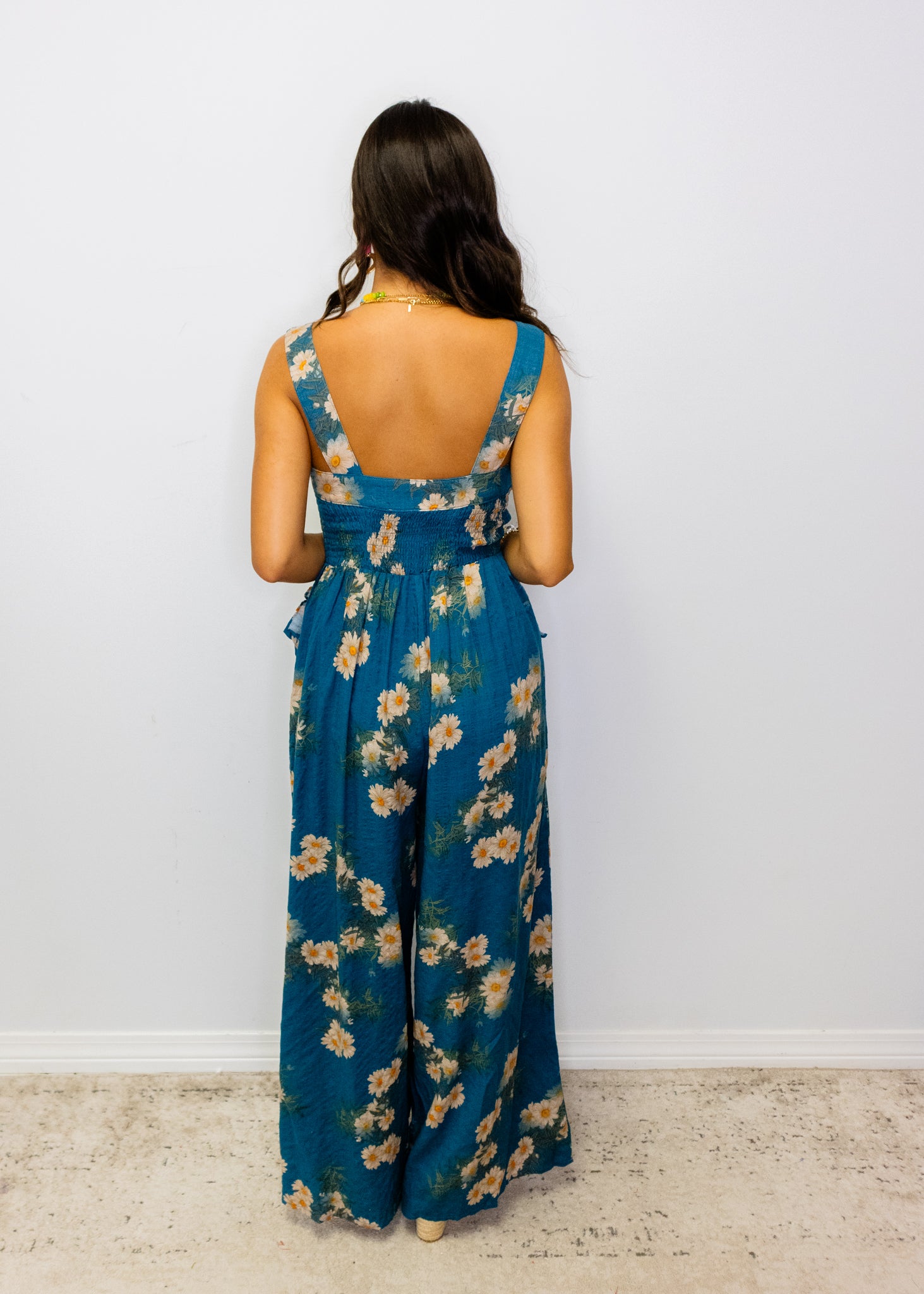 Teal Floral Ruffle Smocking Jumpsuit