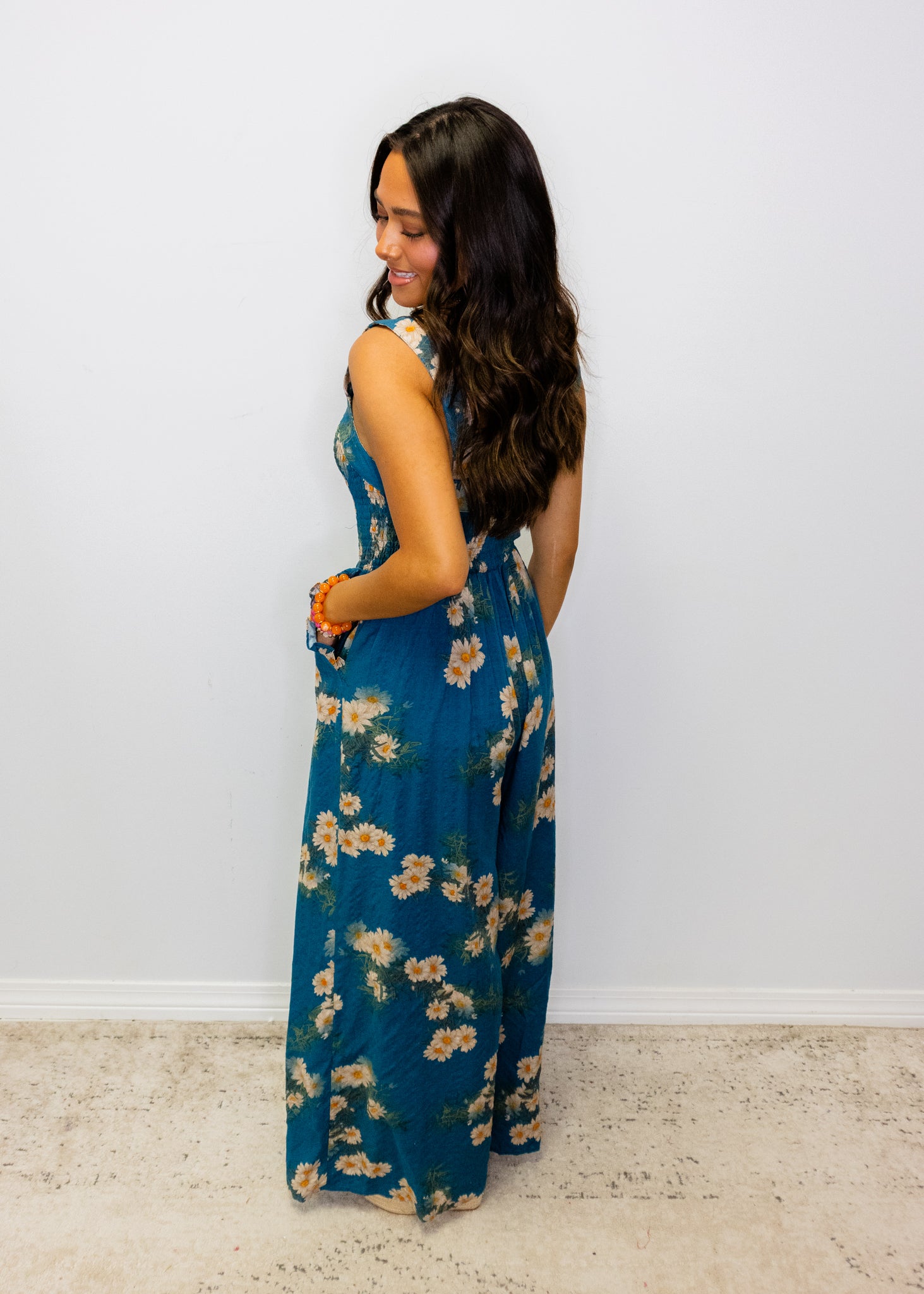 Teal Floral Ruffle Smocking Jumpsuit