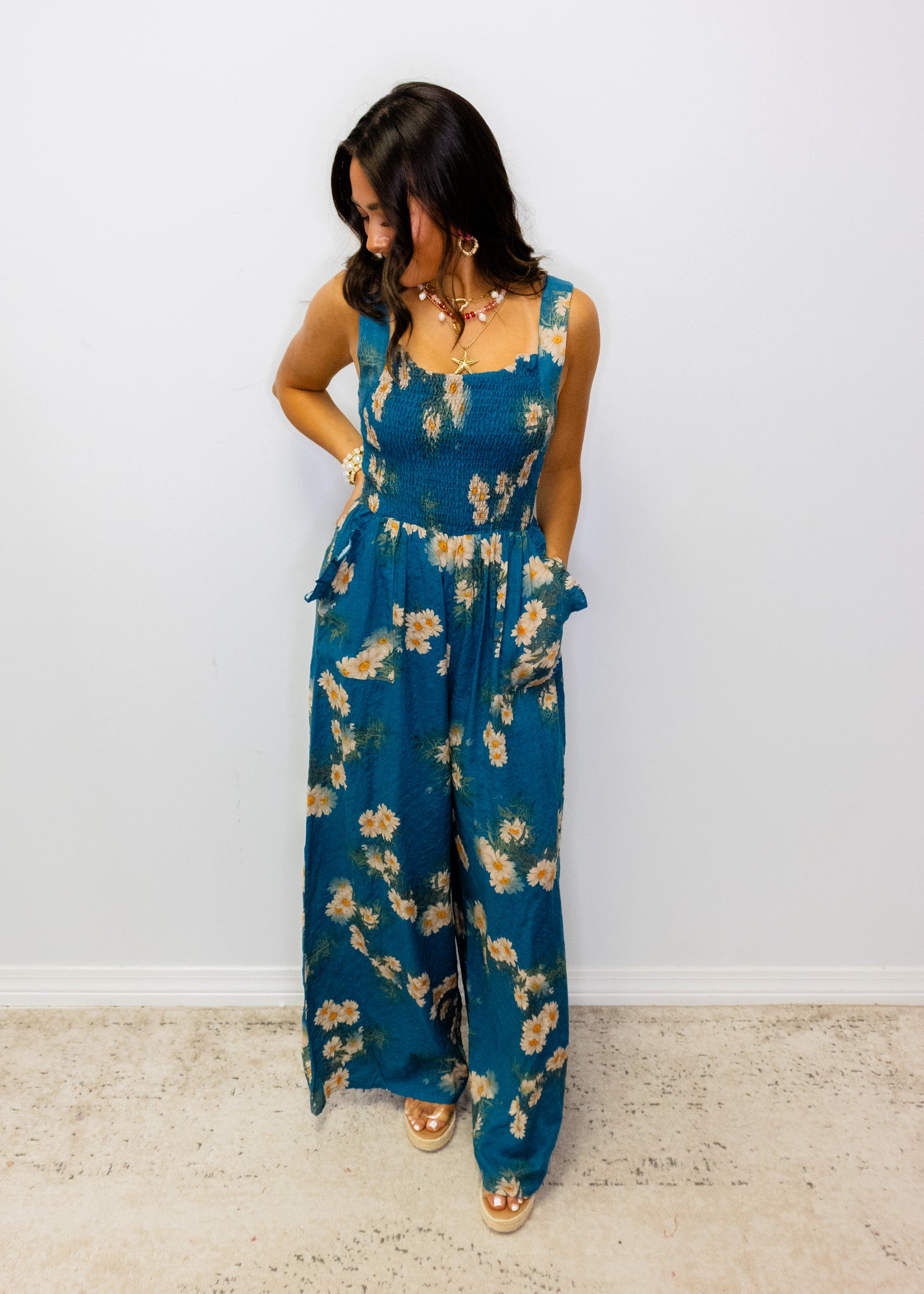 Teal Floral Ruffle Smocking Jumpsuit