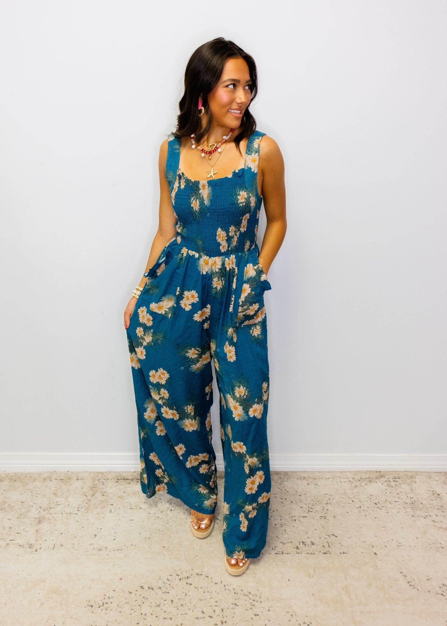 Teal Floral Ruffle Smocking Jumpsuit