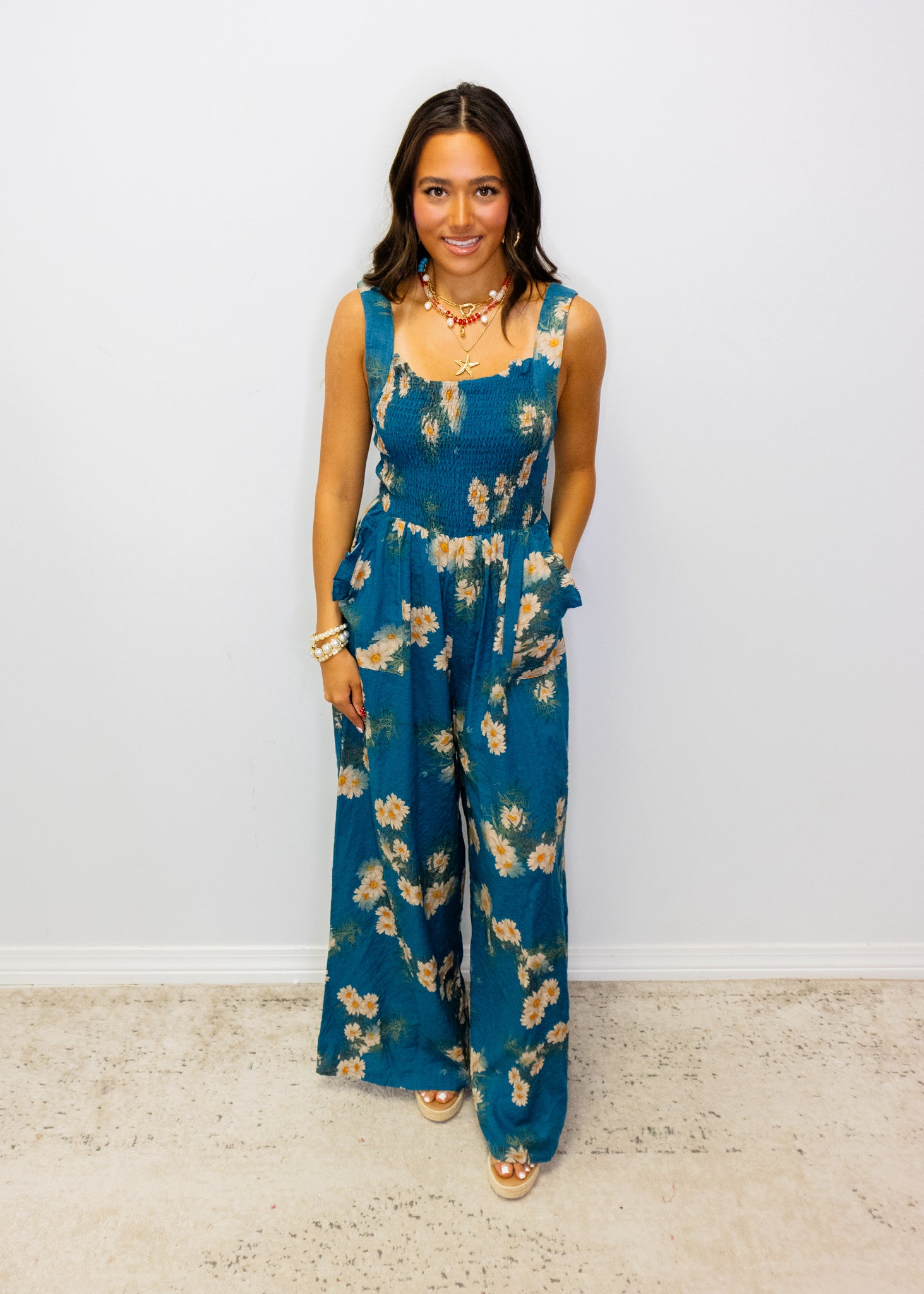 Teal Floral Ruffle Smocking Jumpsuit