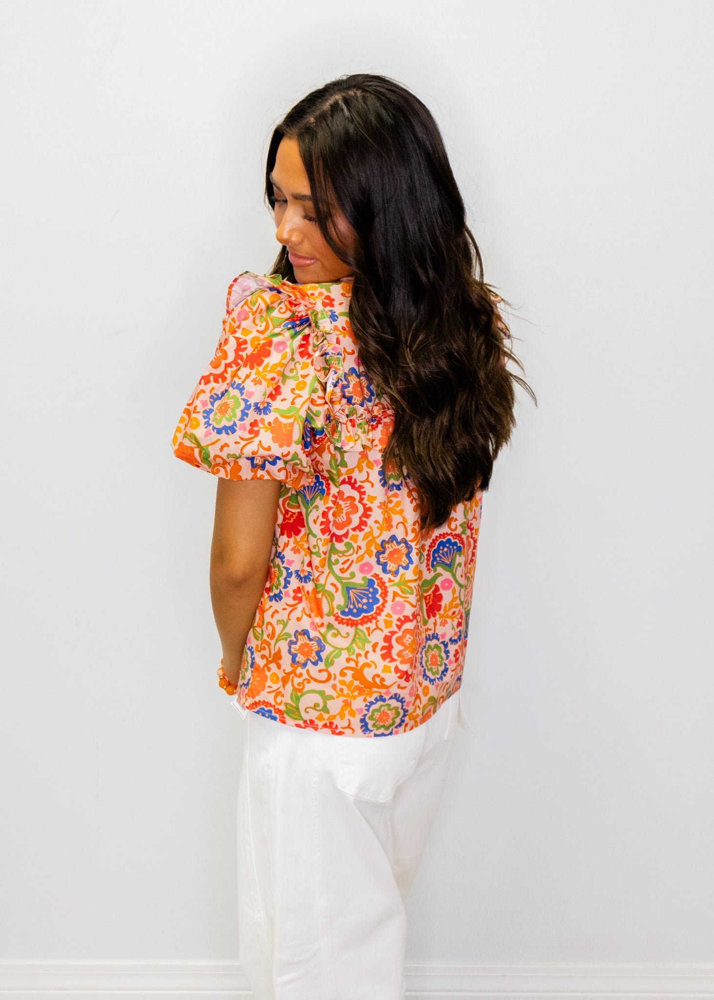 Coral Multi Print Ruffle Top