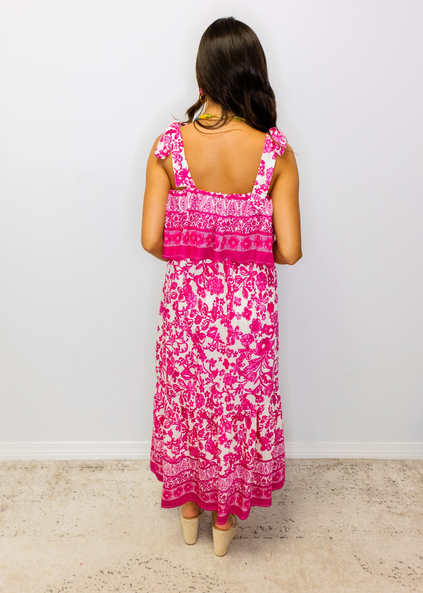 Hot Pink Floral Print Midi Dress