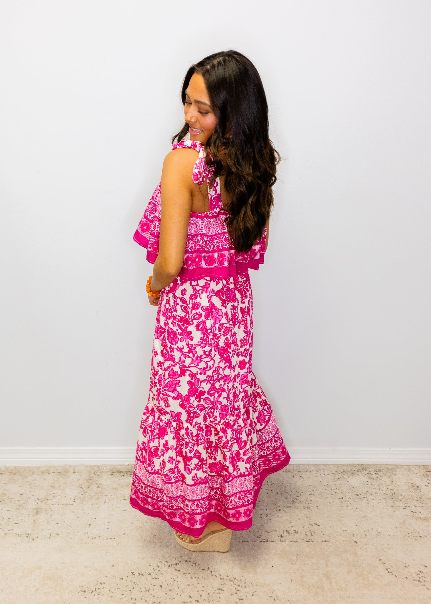 Hot Pink Floral Print Midi Dress
