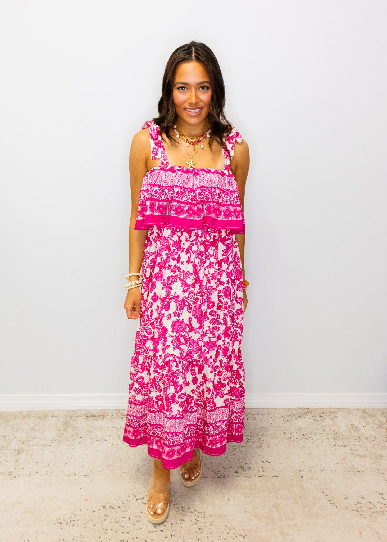 Hot Pink Floral Print Midi Dress
