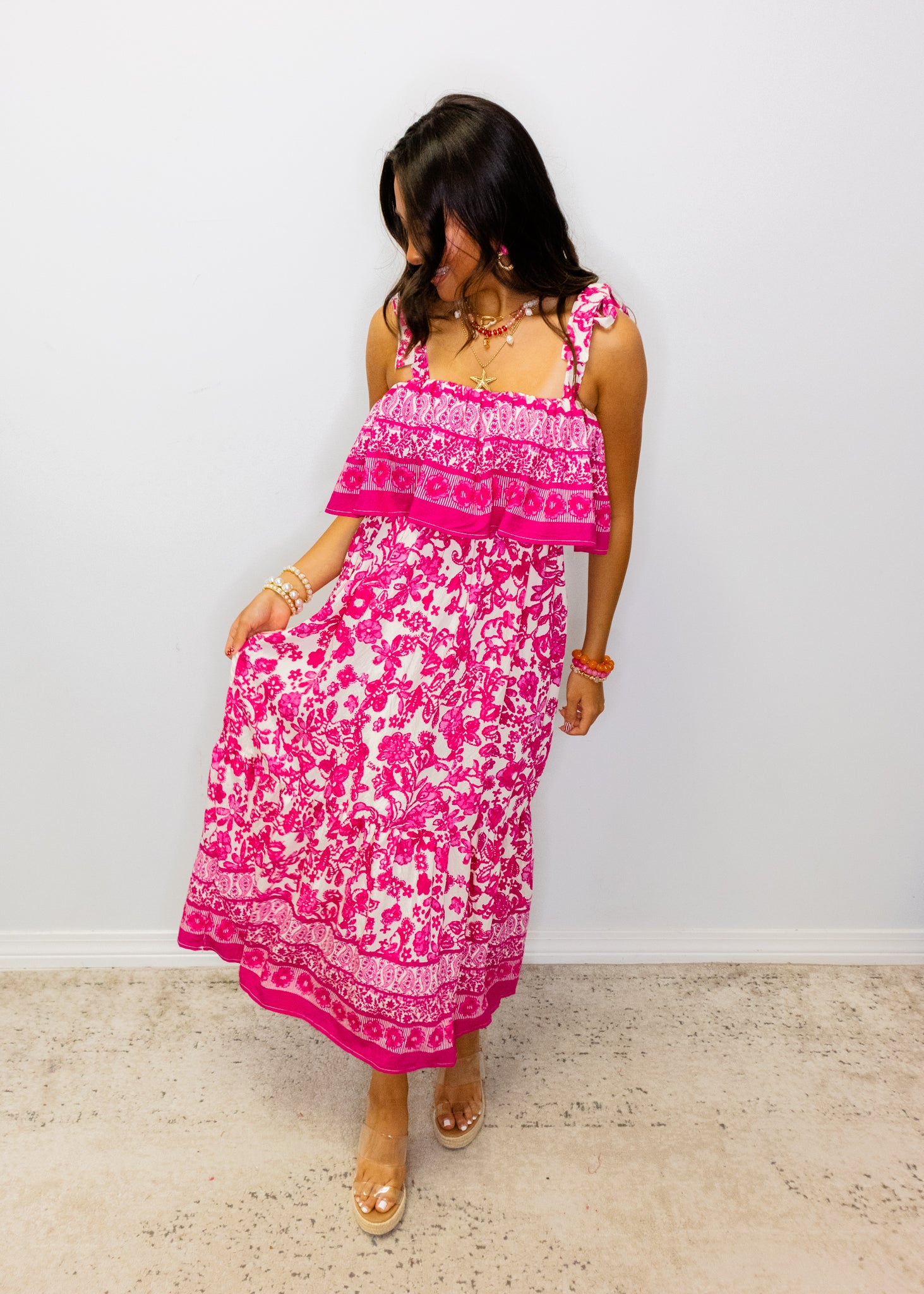 Hot Pink Floral Print Midi Dress