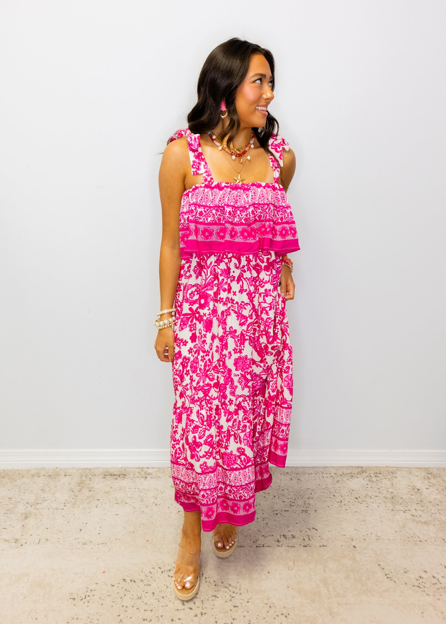 Hot Pink Floral Print Midi Dress